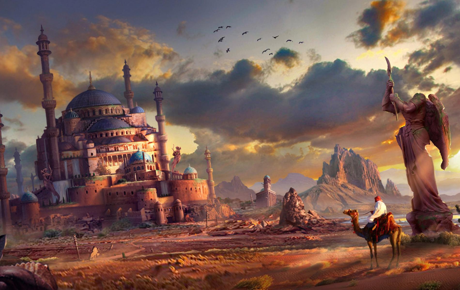 Fantasy desert landscape with mosque and statue HD Wallpaper