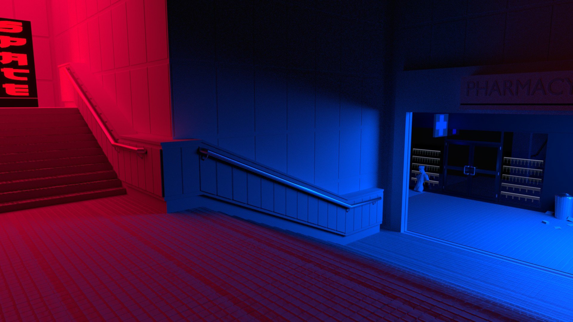 Stairs and Pharmacy Entrance with Red and Blue Lighting HD Wallpaper