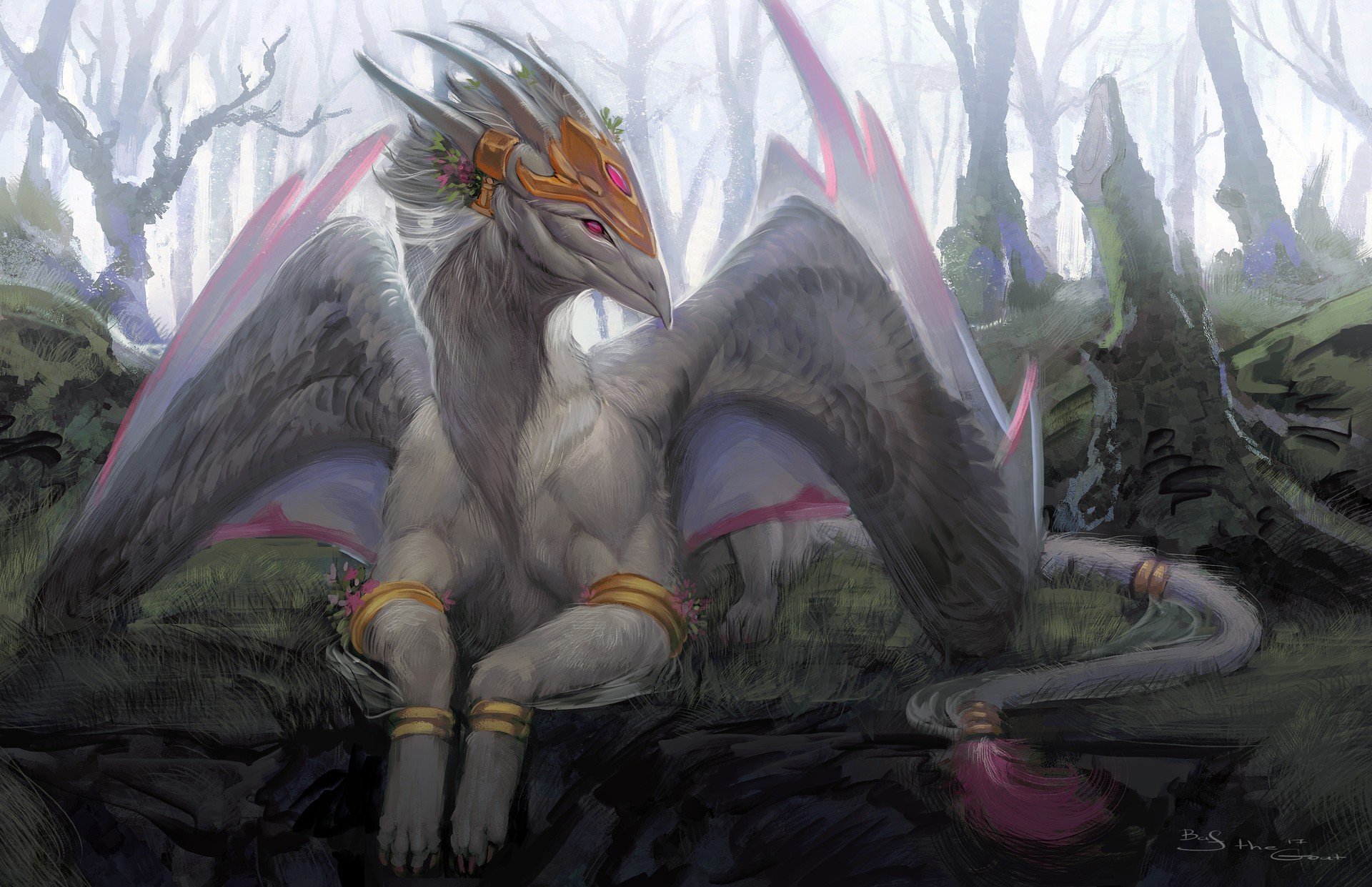 Fantasy dragon with golden armor in a misty forest HD Wallpaper