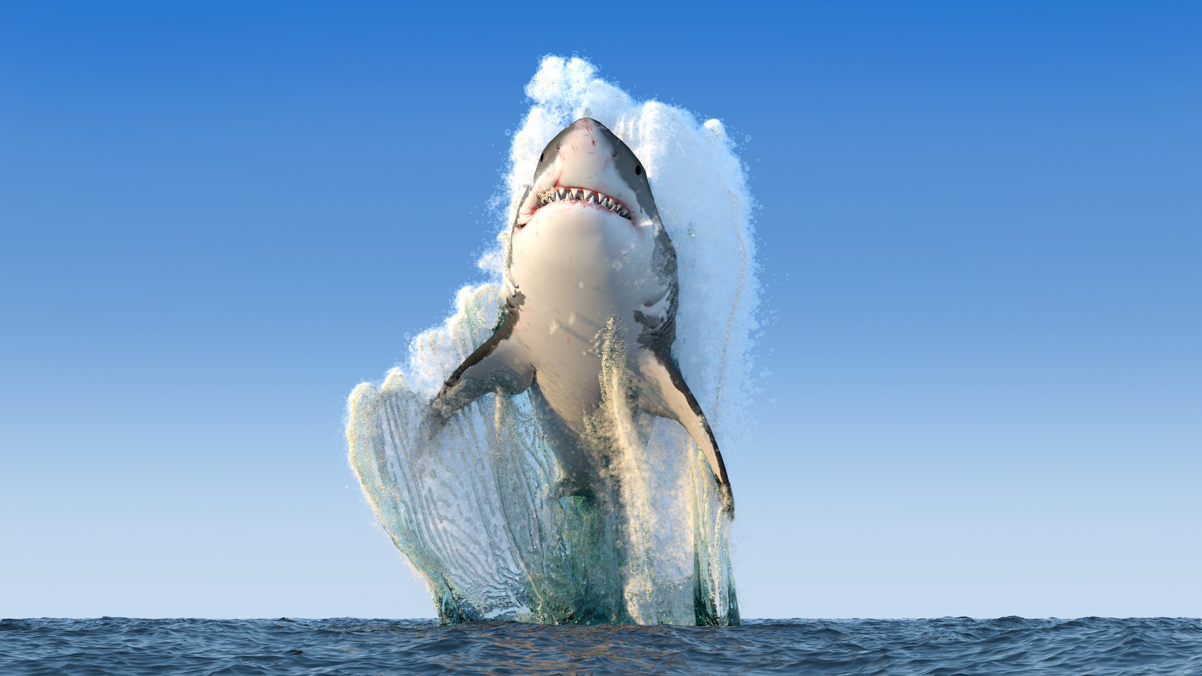 Great white shark breaching from the ocean HD Wallpaper