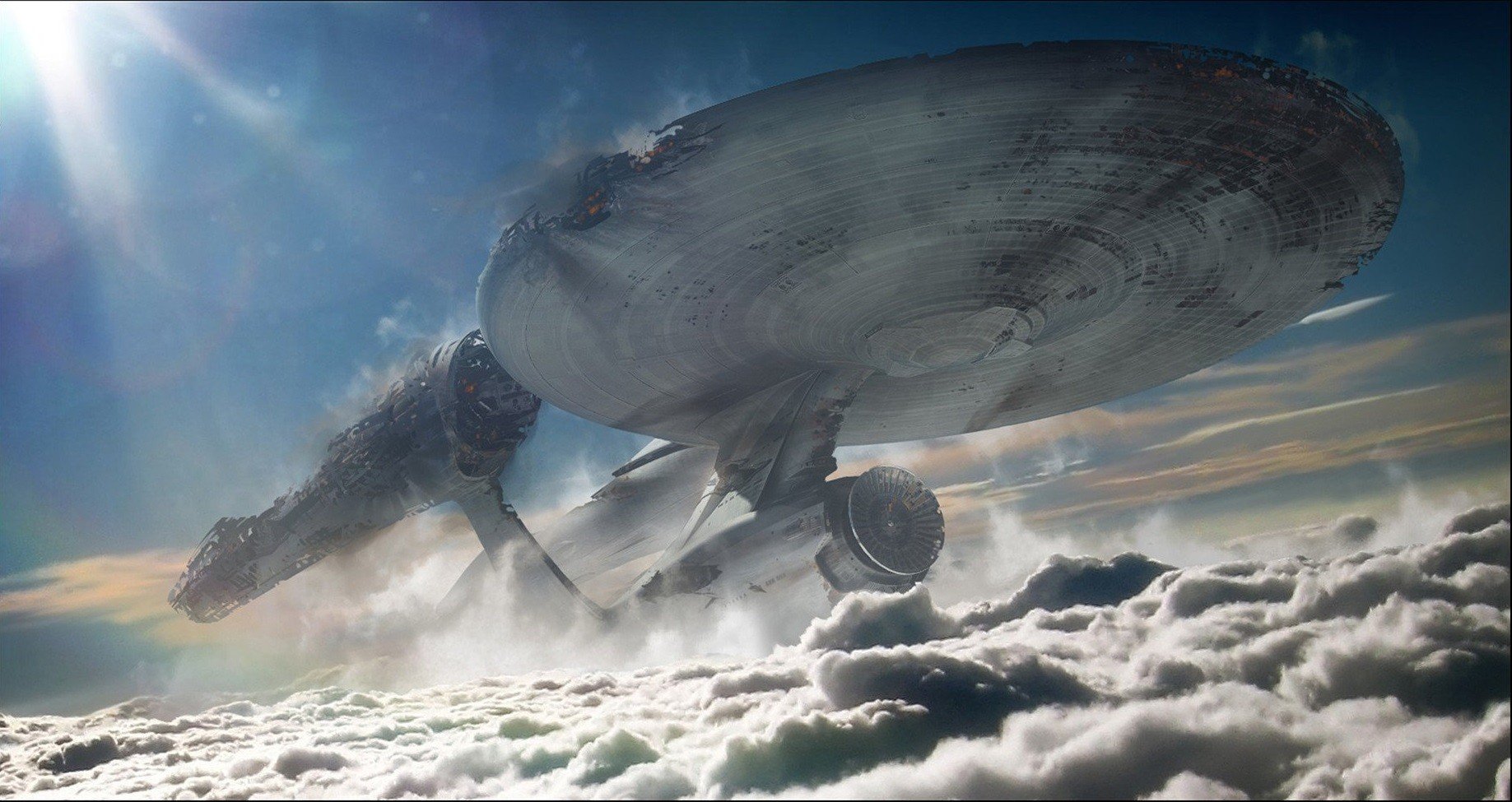 Damaged Starship Enterprise in clouds HD Wallpaper