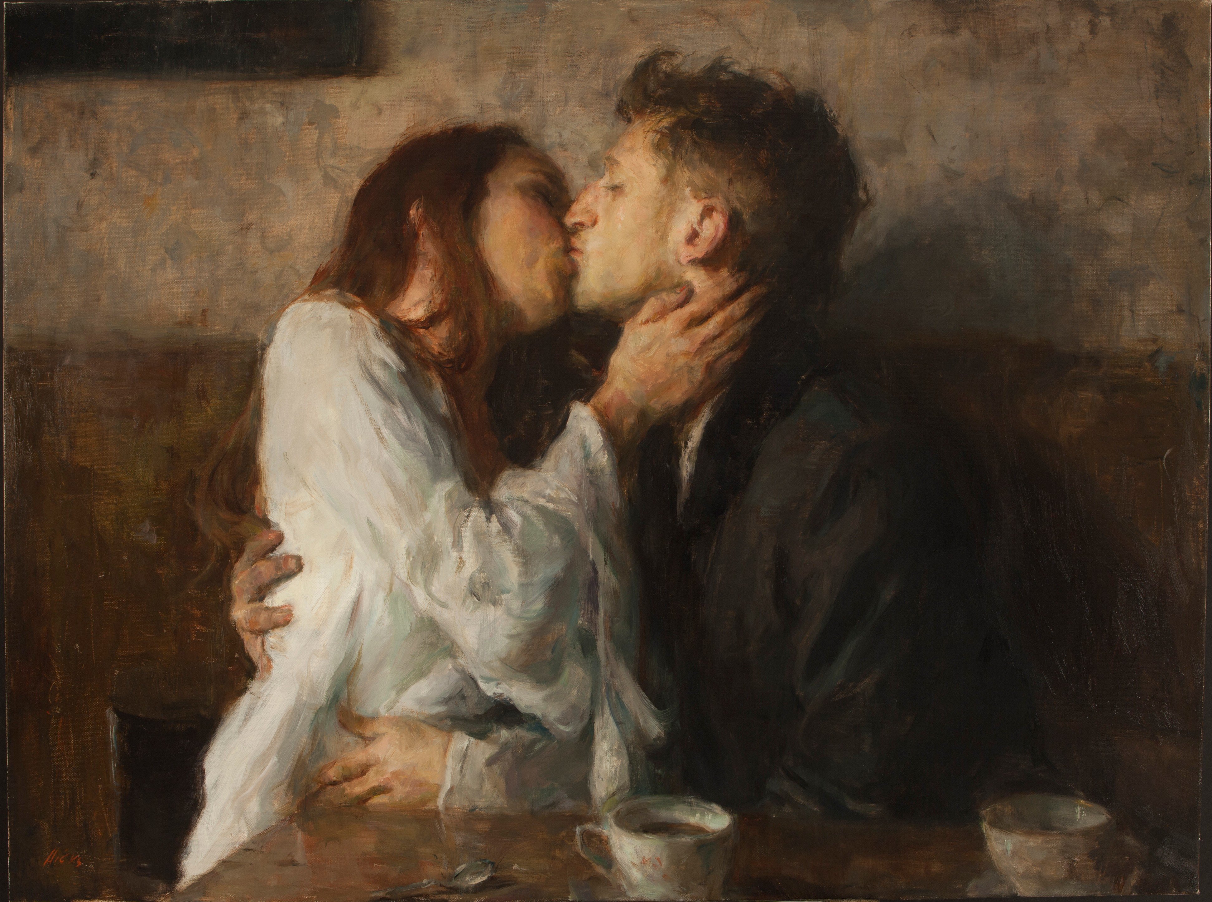 Couple kissing over coffee cups HD Wallpaper