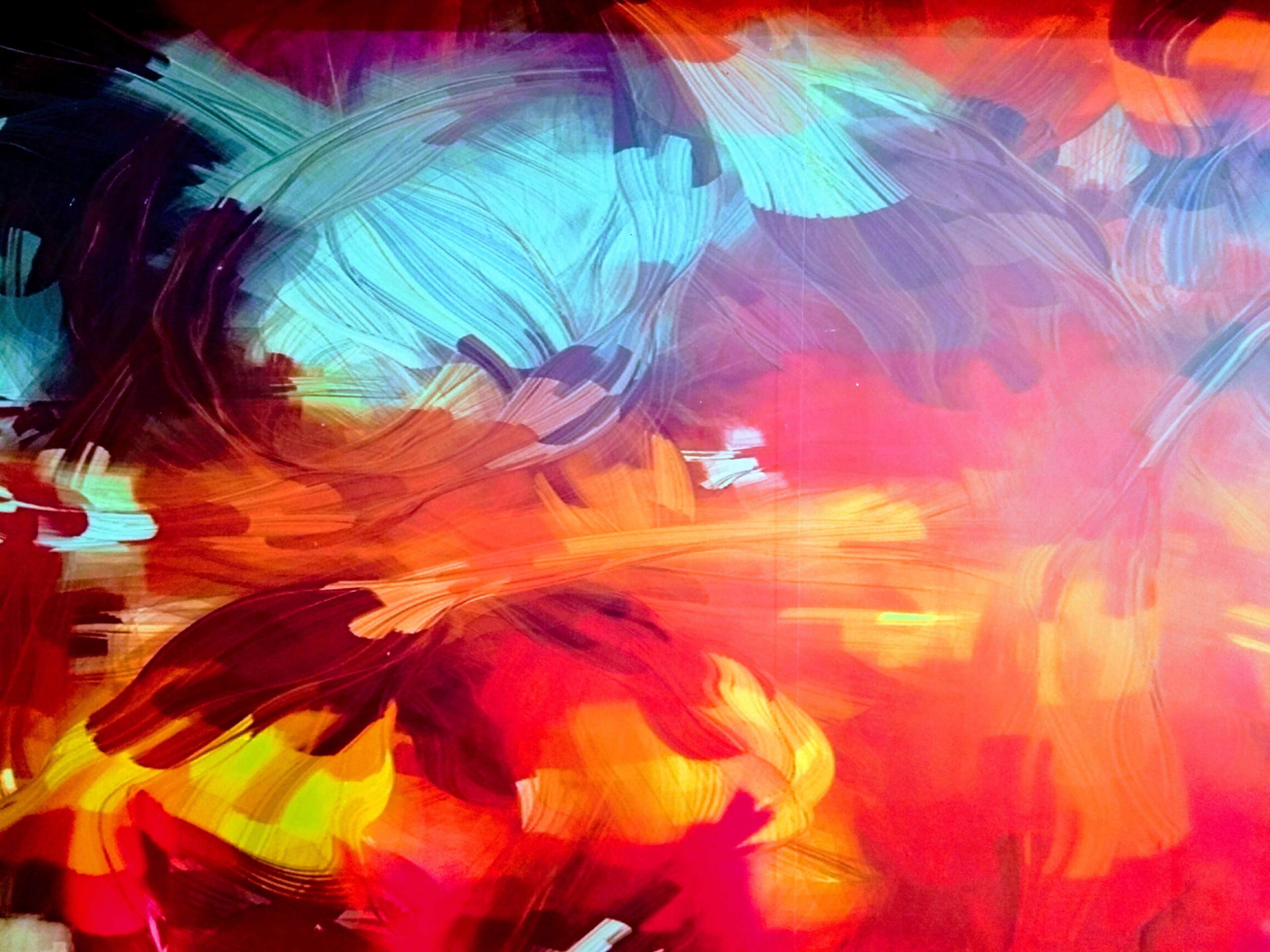 Abstract painting with red, orange, and blue brushstrokes 4K HD Wallpaper