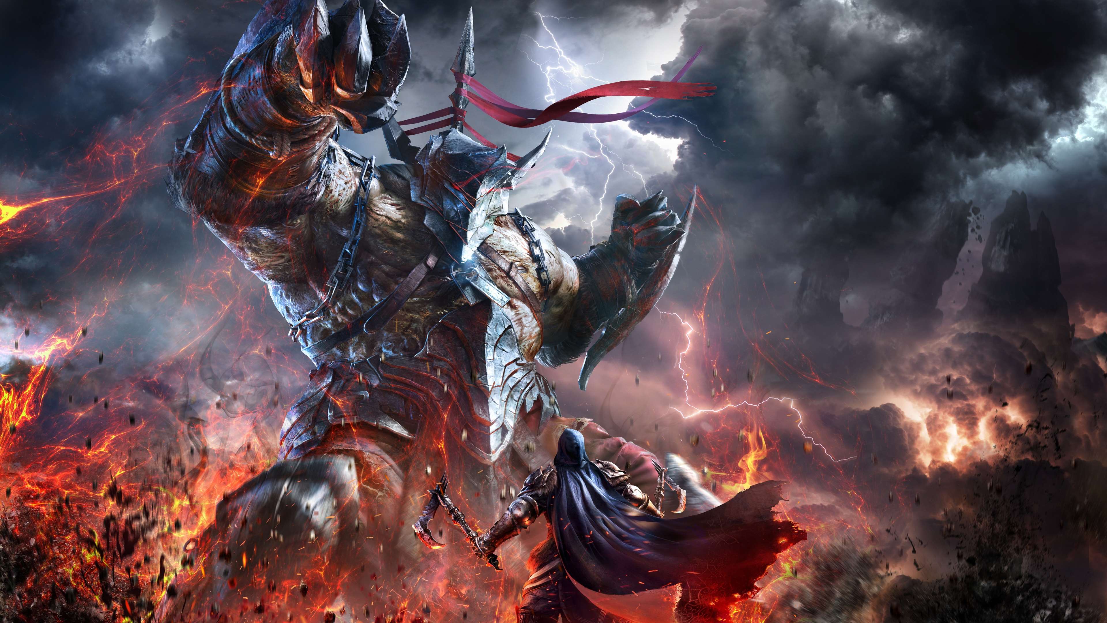 Giant monster fighting a hooded warrior in a fiery storm HD Wallpaper