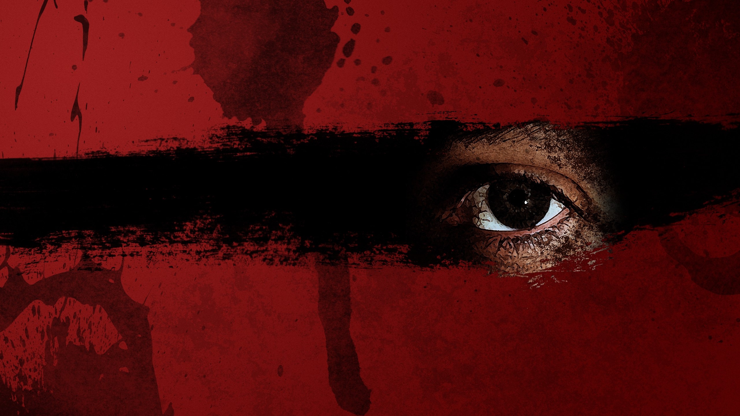Close-Up of Eye Behind Dark Streak on Red Background HD Wallpaper
