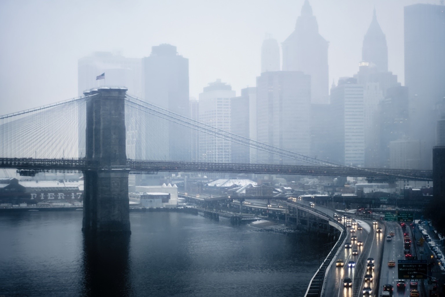 Brooklyn Bridge in Fog with City Skyline HD Wallpaper