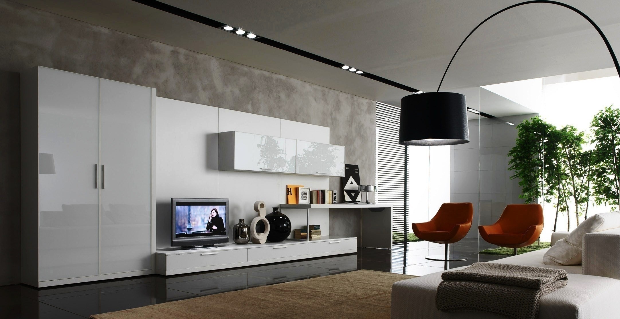 Modern living room with white furniture and orange chairs HD Wallpaper