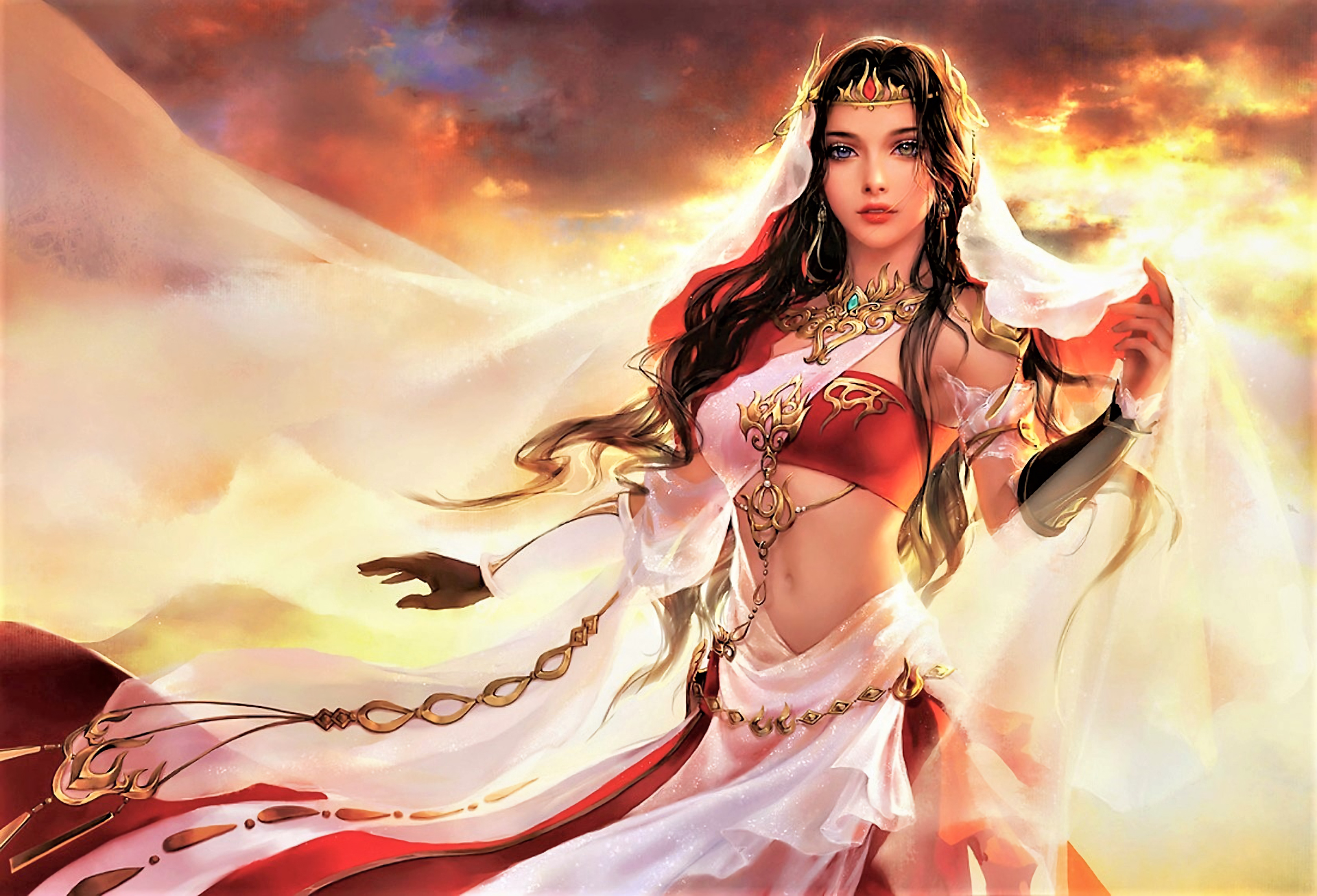 Fantasy woman in red and white attire with crown HD Wallpaper