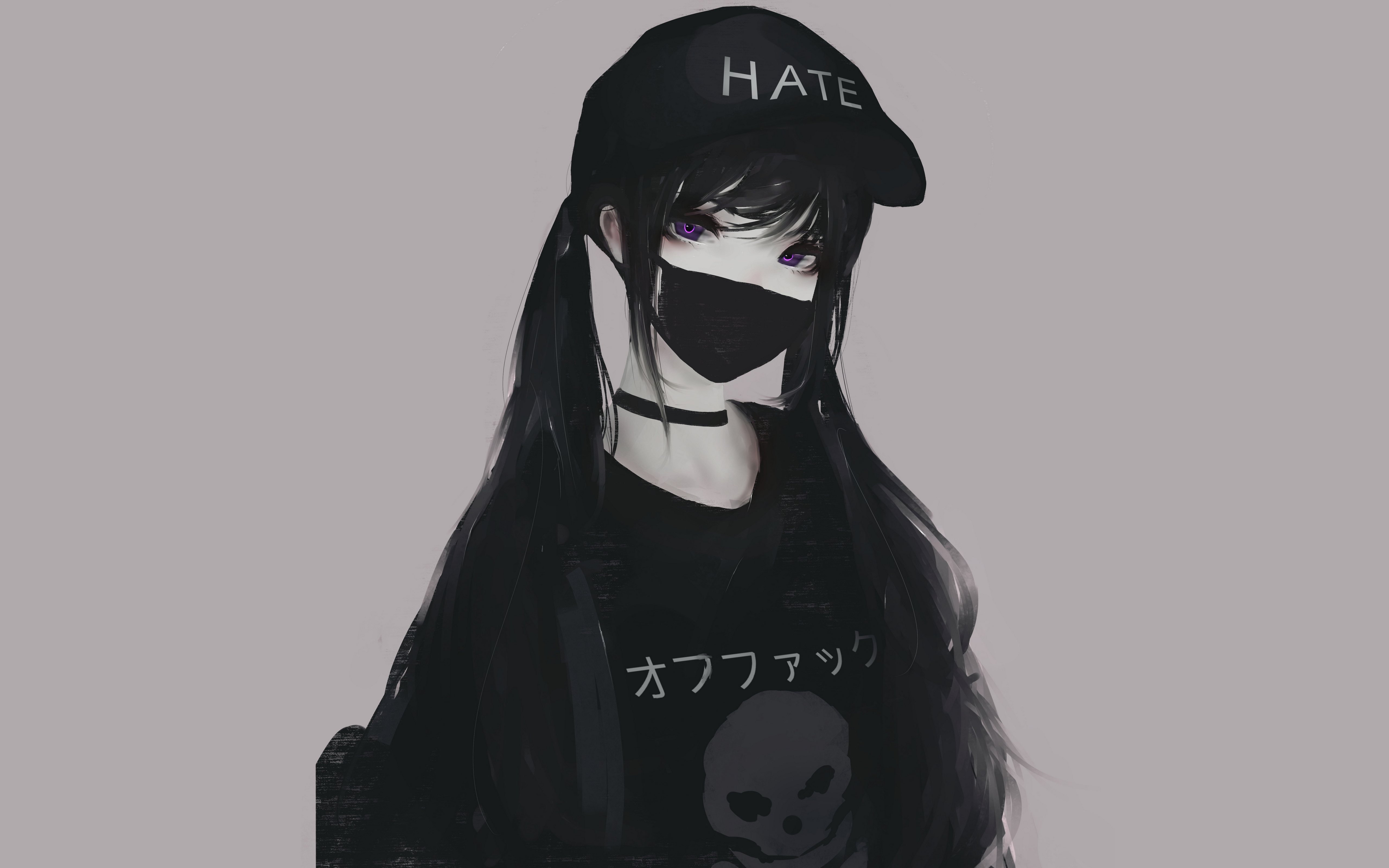 Anime girl with purple eyes wearing a mask and hat HD Wallpaper