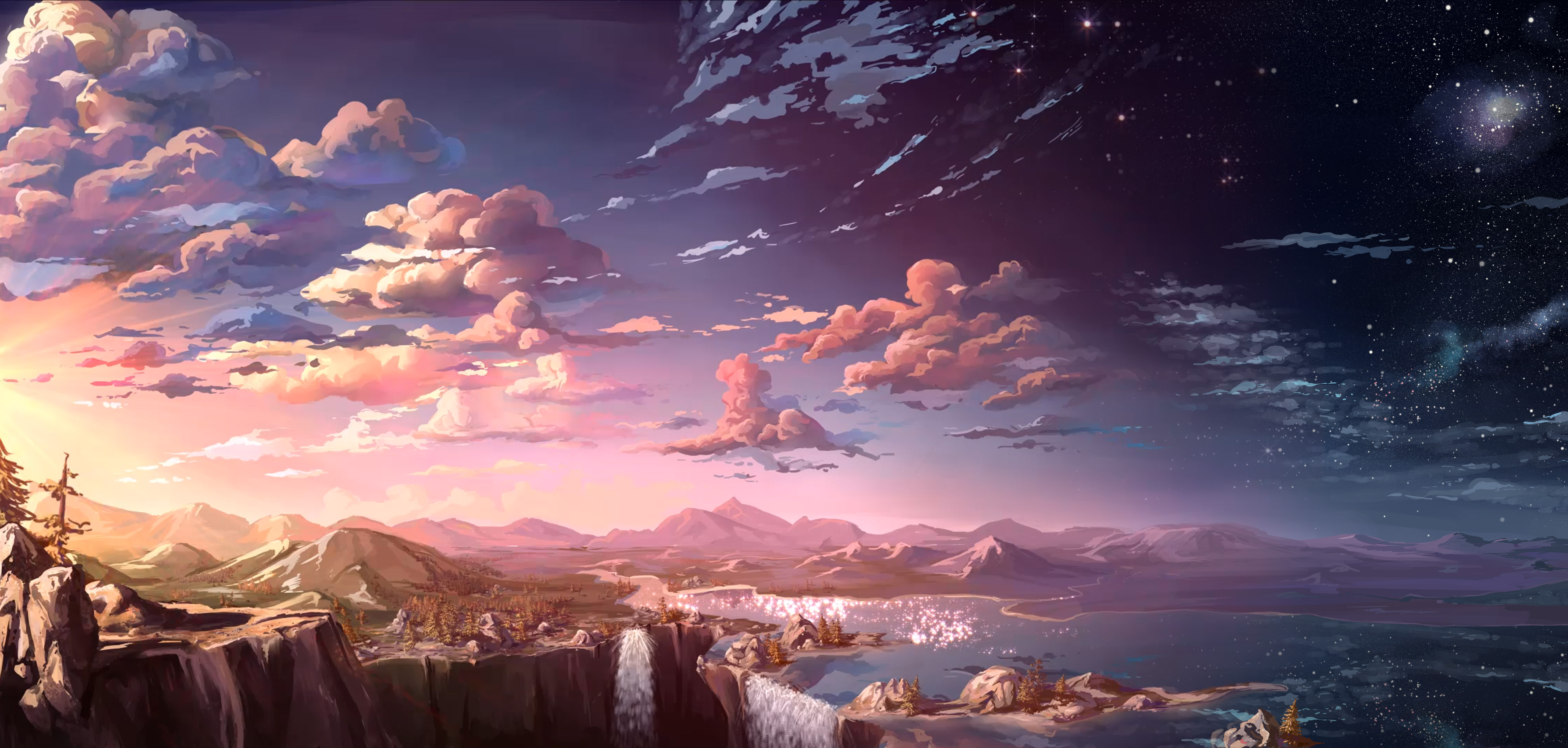 Digital art landscape with sunset and waterfall HD Wallpaper