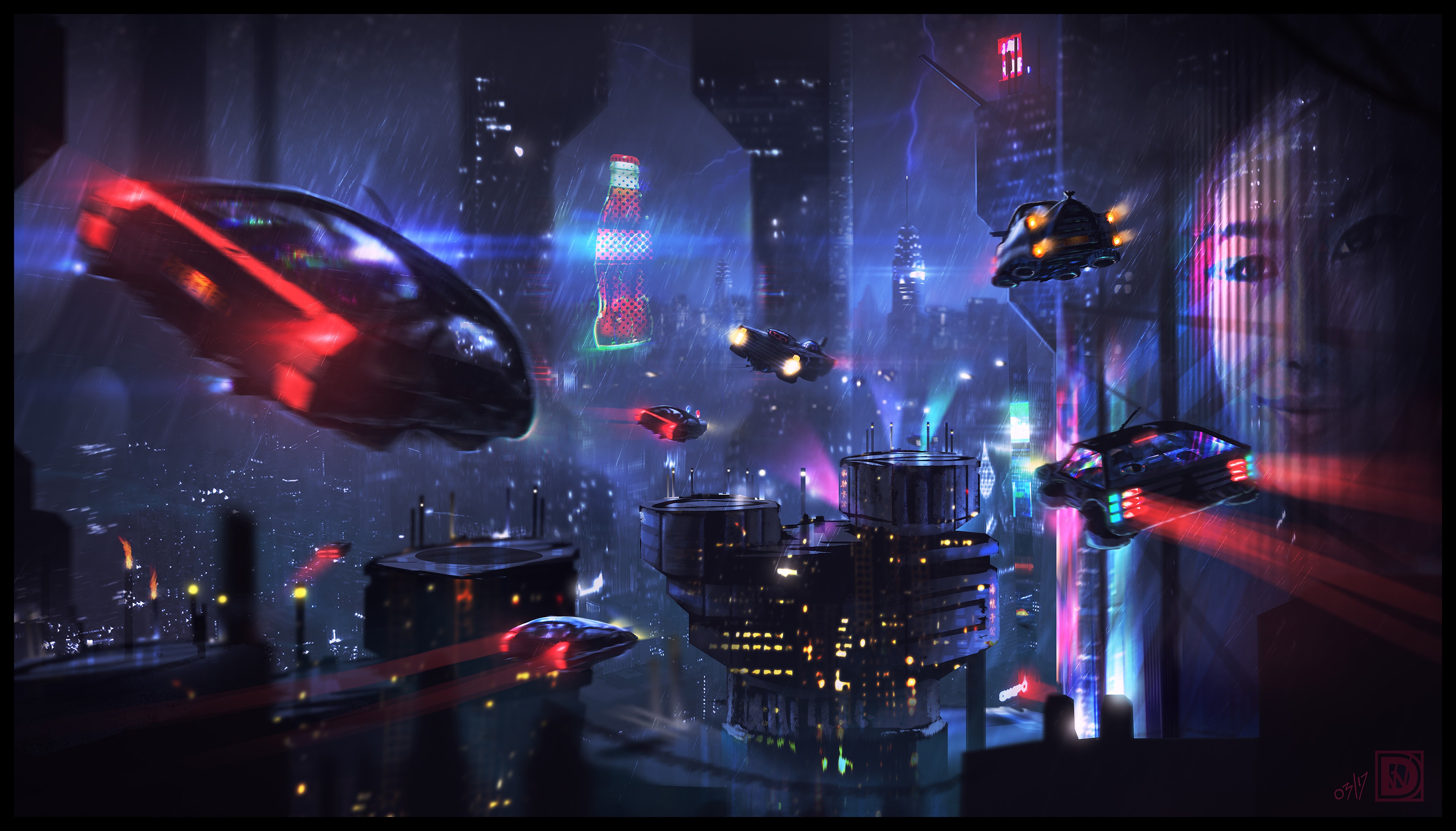 Science fiction cityscape with flying vehicles HD Wallpaper