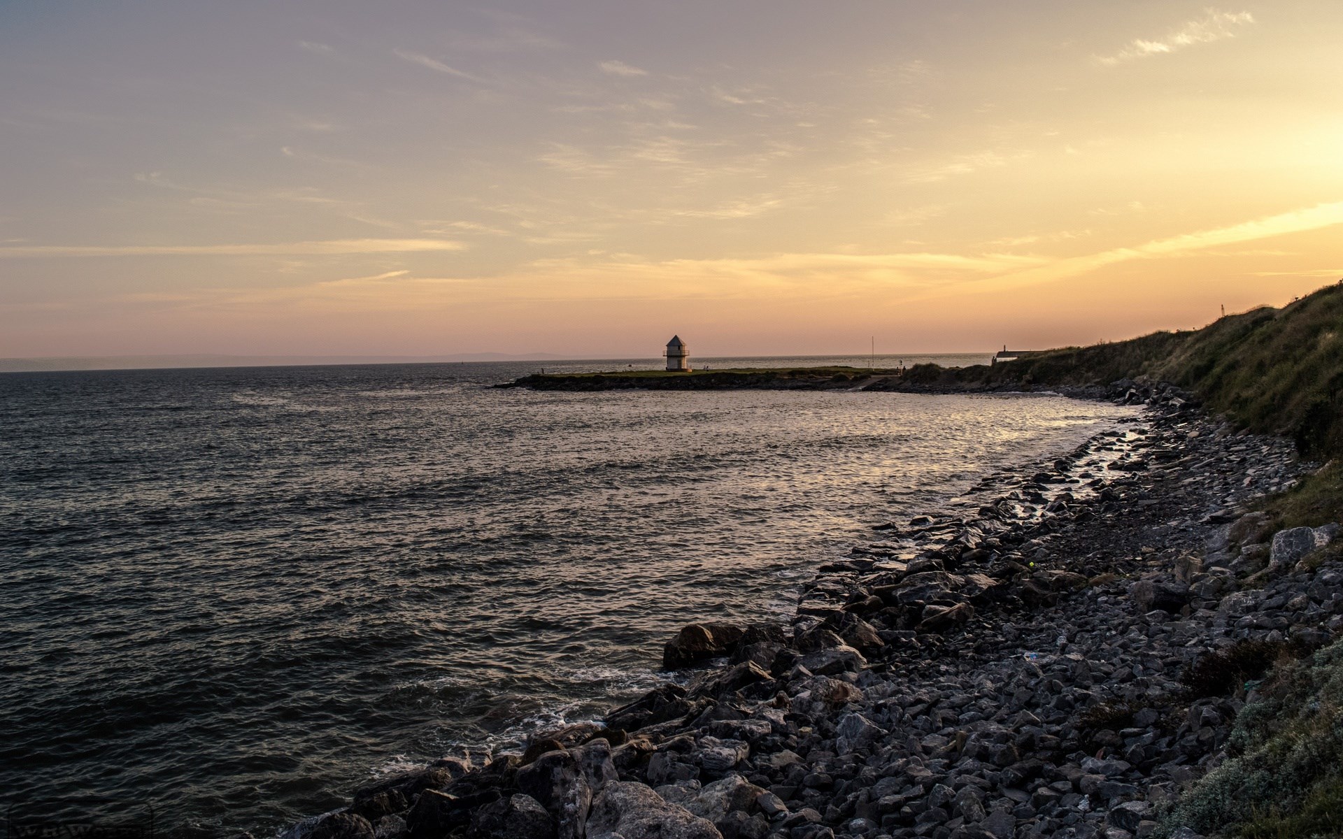Coastal landscape with lighthouse at sunset HD Wallpaper