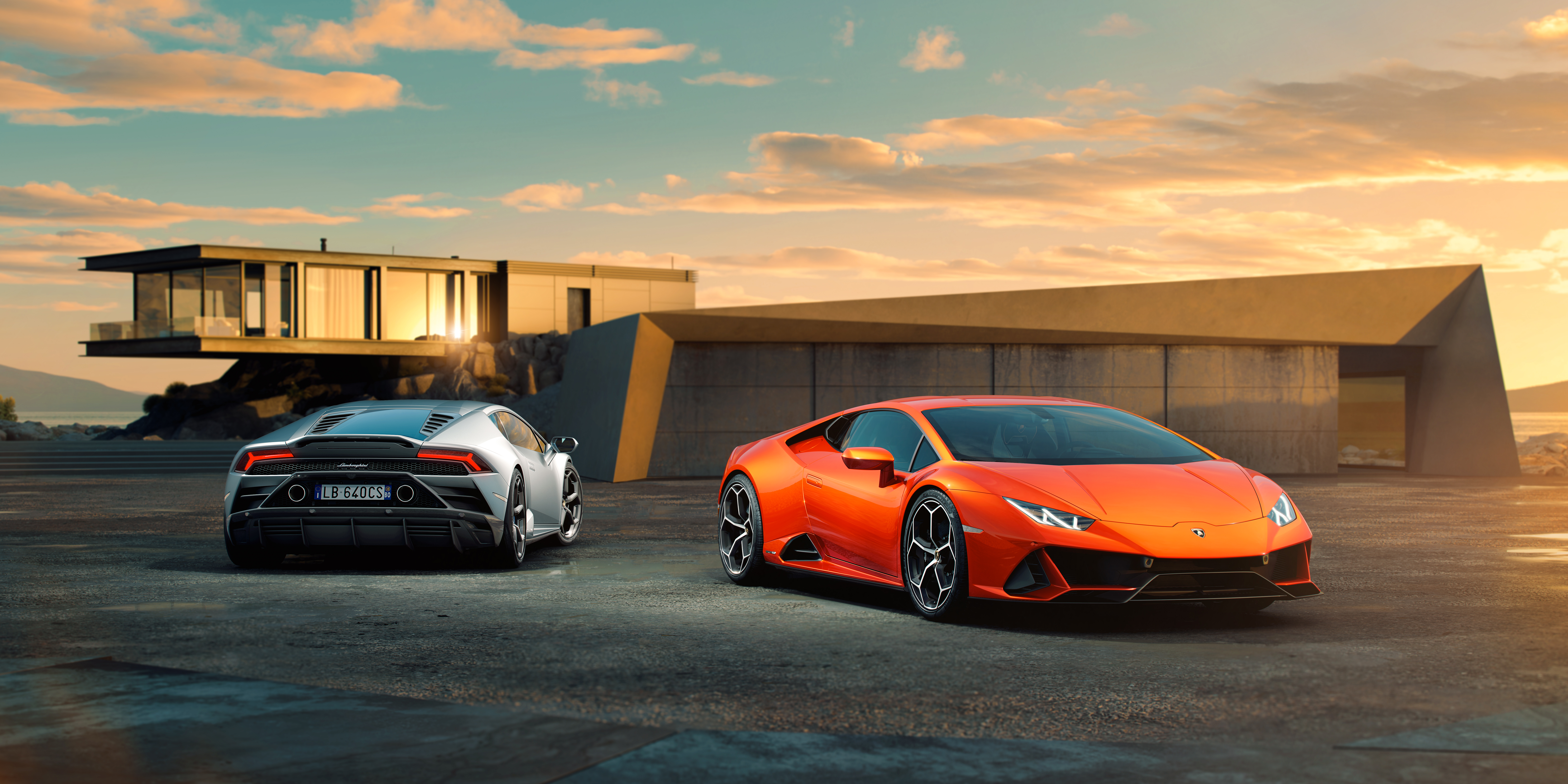 Two Lamborghini Huracan Evo Cars at Sunset 4K HD Wallpaper