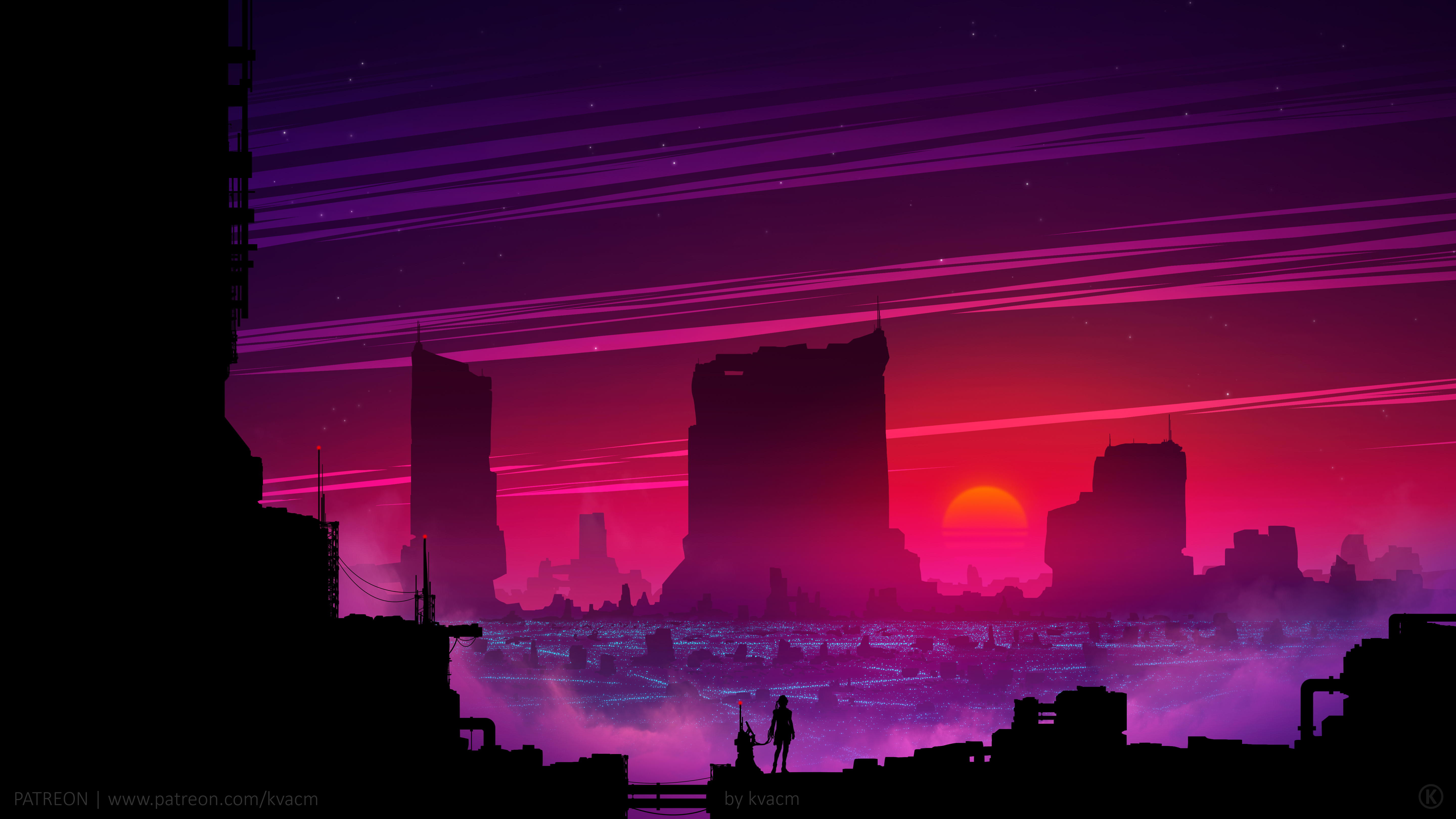 Synthwave Cityscape with Sunset and Figures in 4K HD Wallpaper