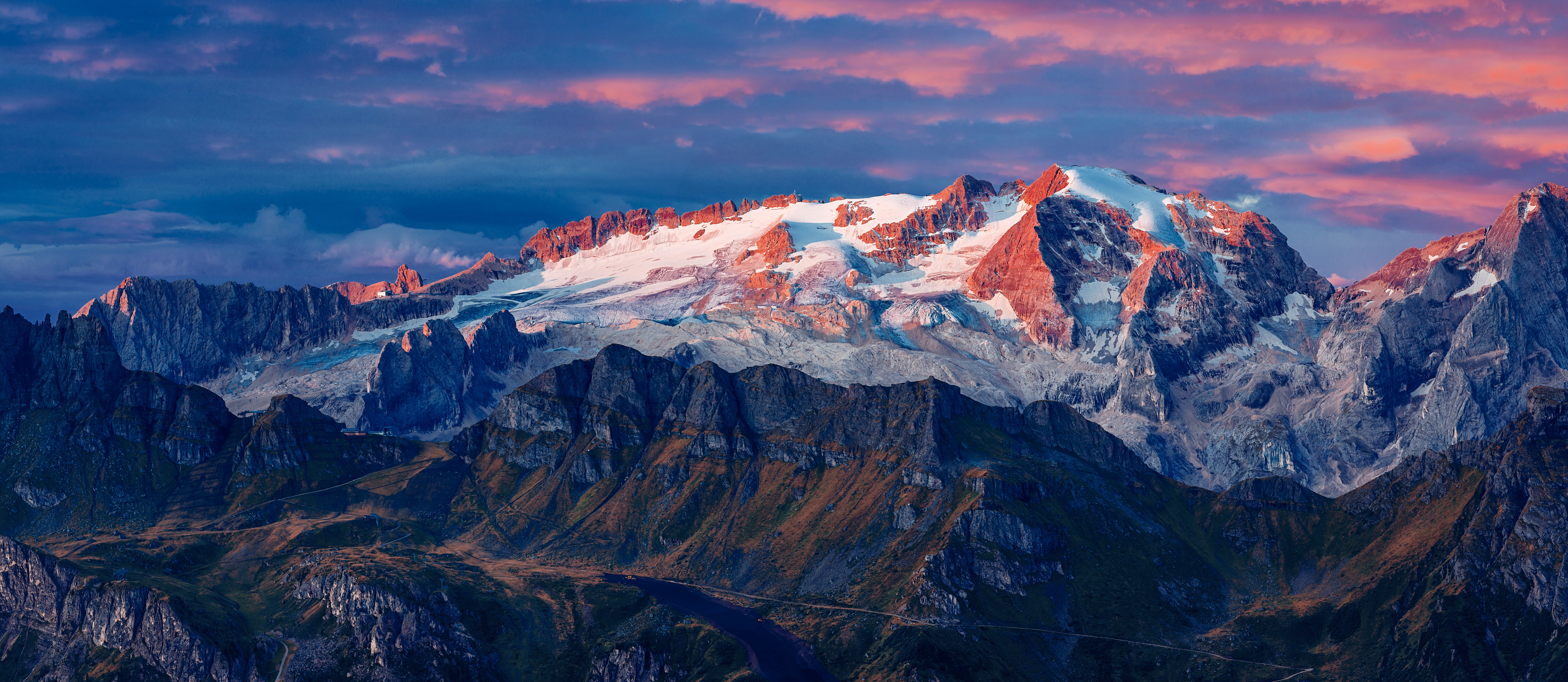 Majestic mountain range with glacier at sunrise HD Wallpaper