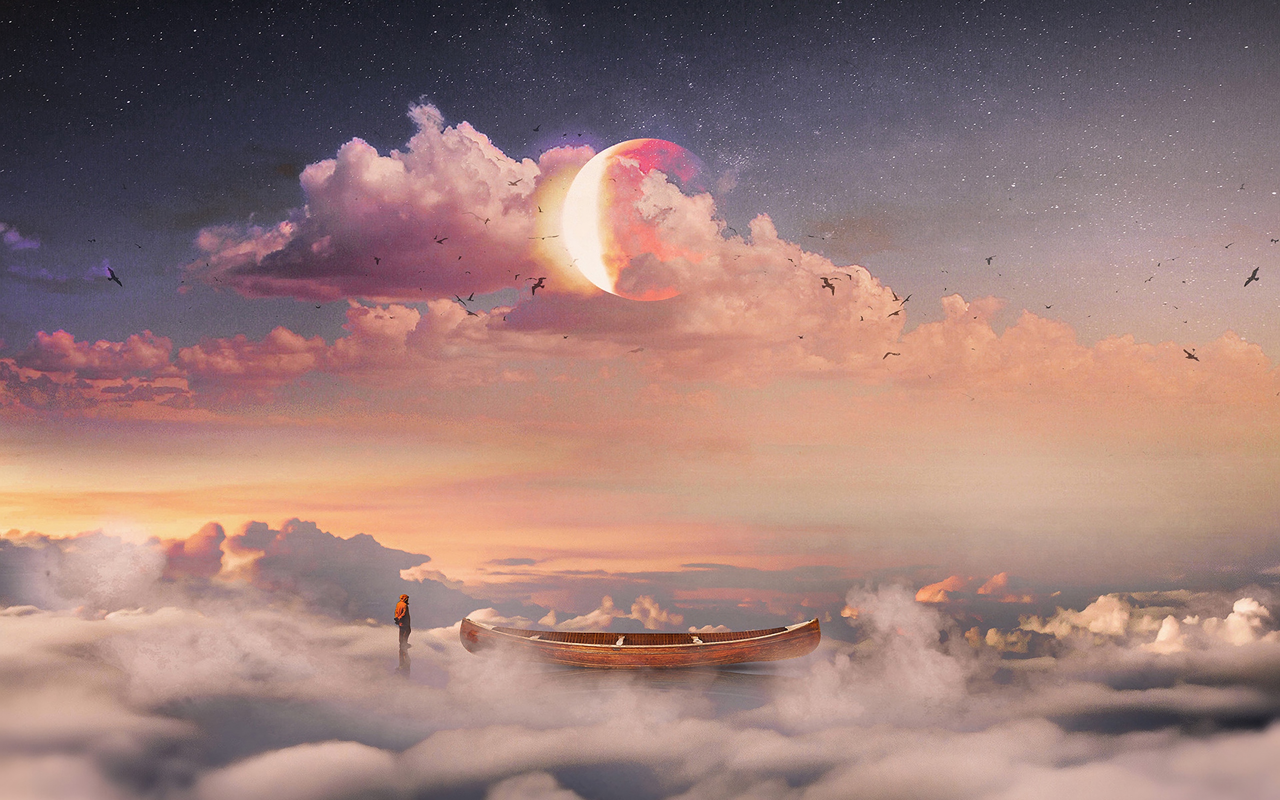 Fantasy artwork of a person and boat in the clouds HD Wallpaper