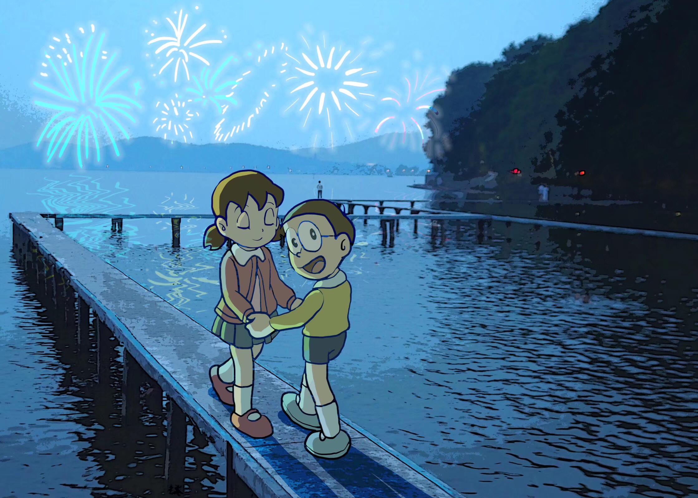 Nobita and Shizuka Holding Hands with Fireworks HD Wallpaper