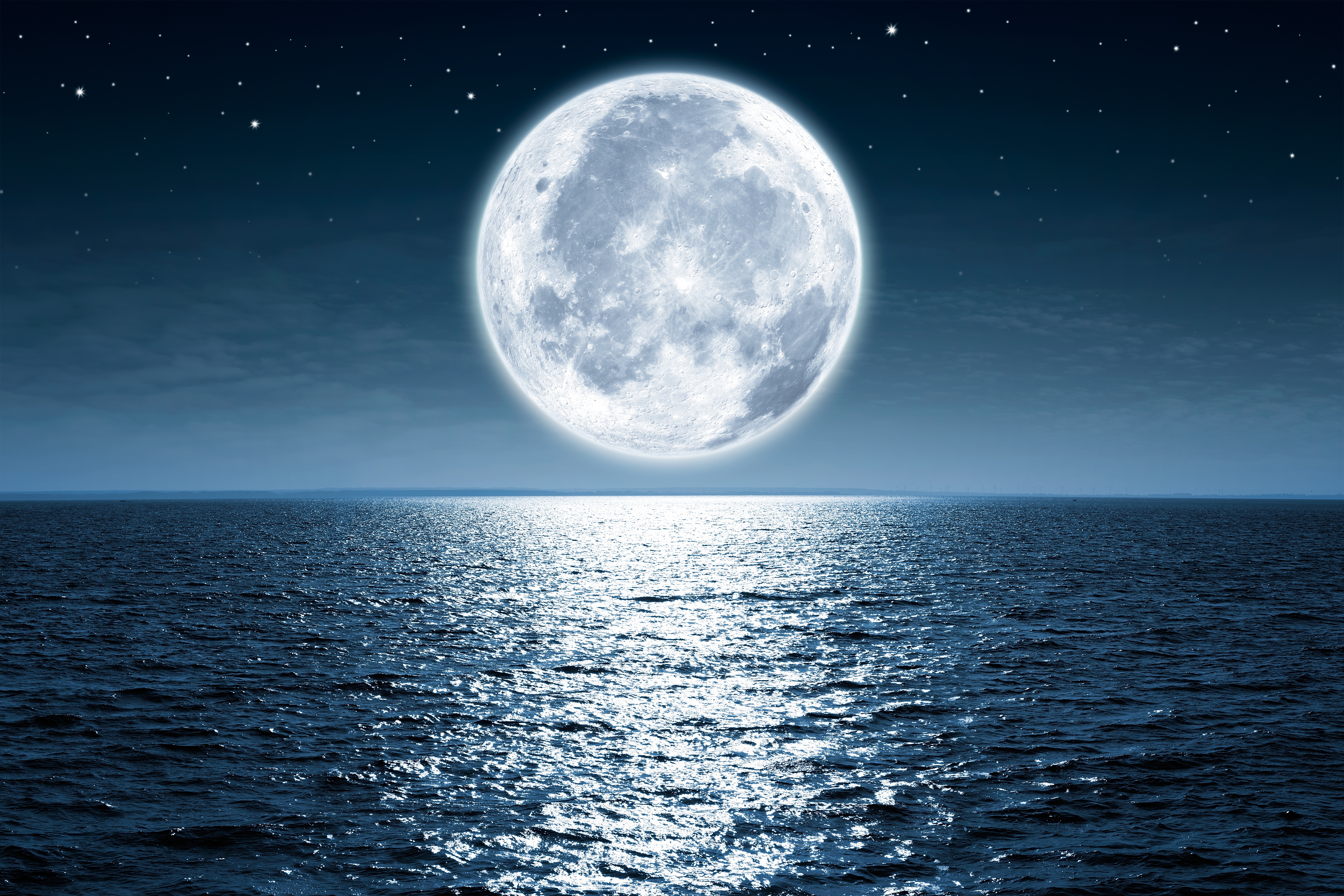 Full moon over the ocean at night HD Wallpaper