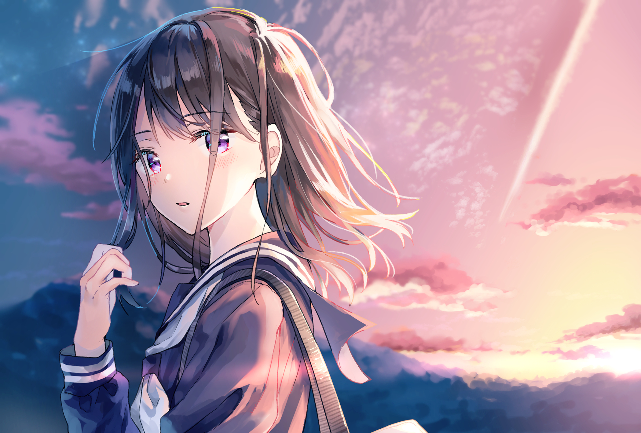 Girl with purple eyes and brown hair at sunset HD Wallpaper