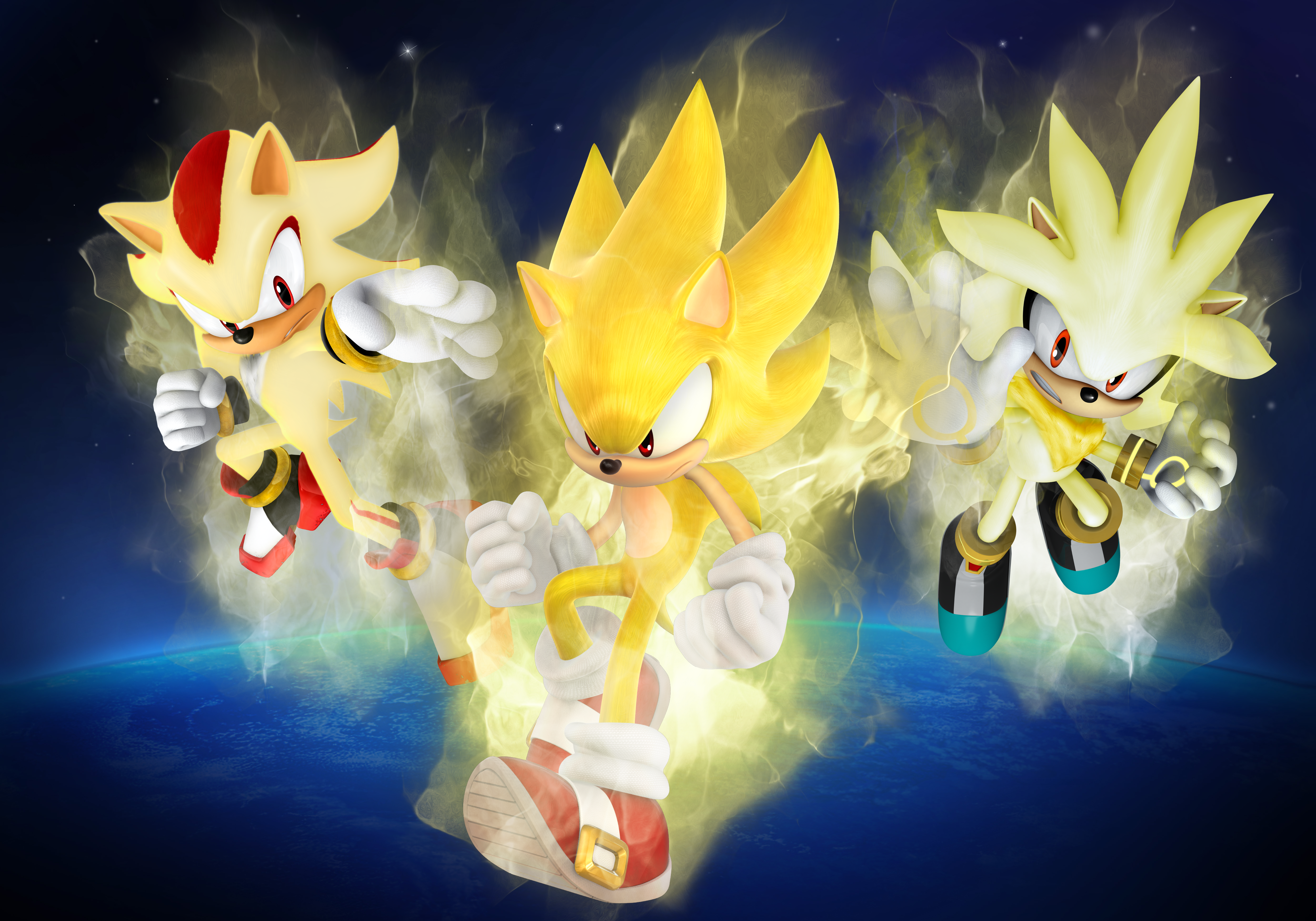 Super Sonic, Shadow, and Silver Power Up Pose HD Wallpaper