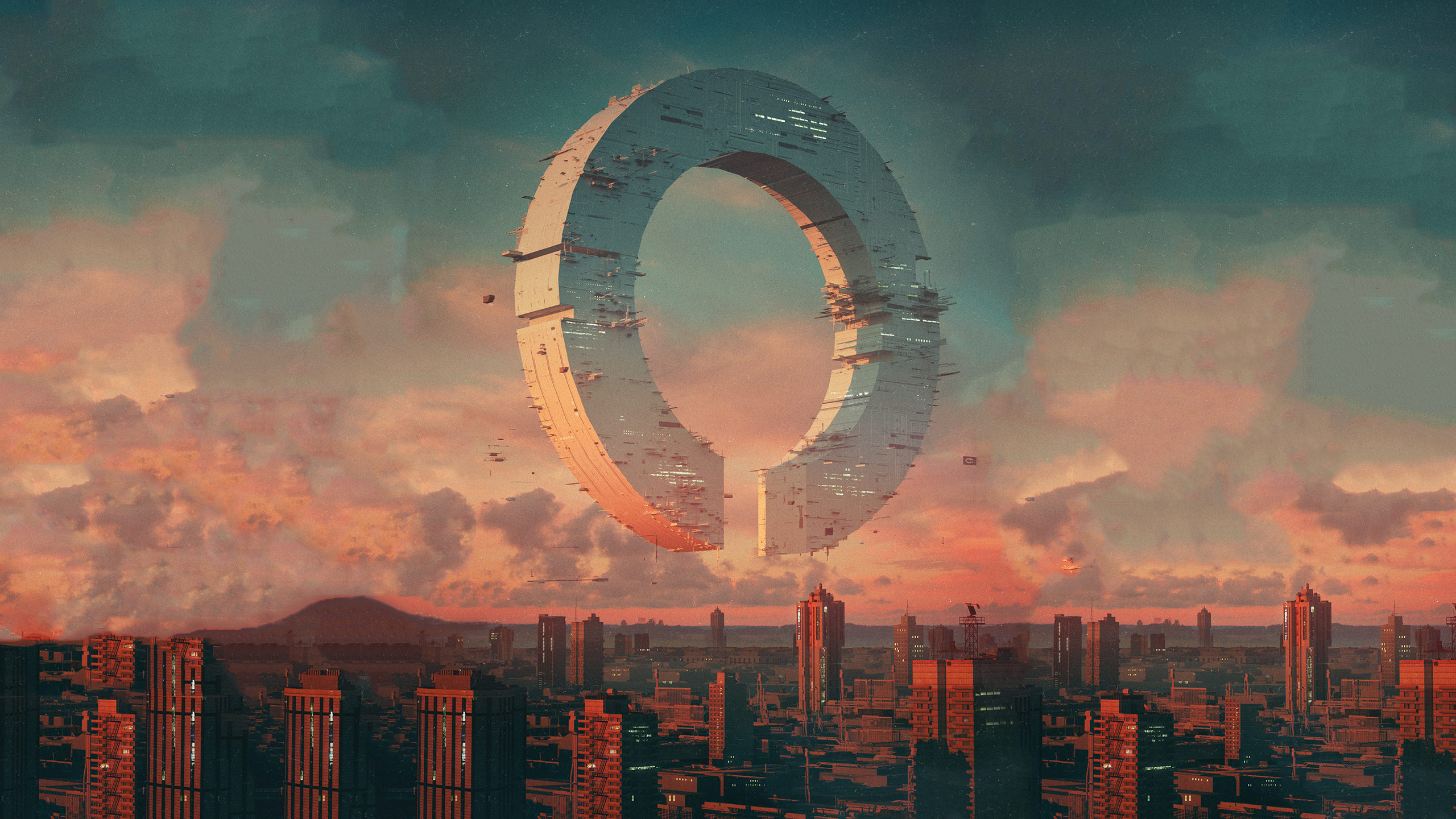 Futuristic city with a large ring structure in the sky HD Wallpaper