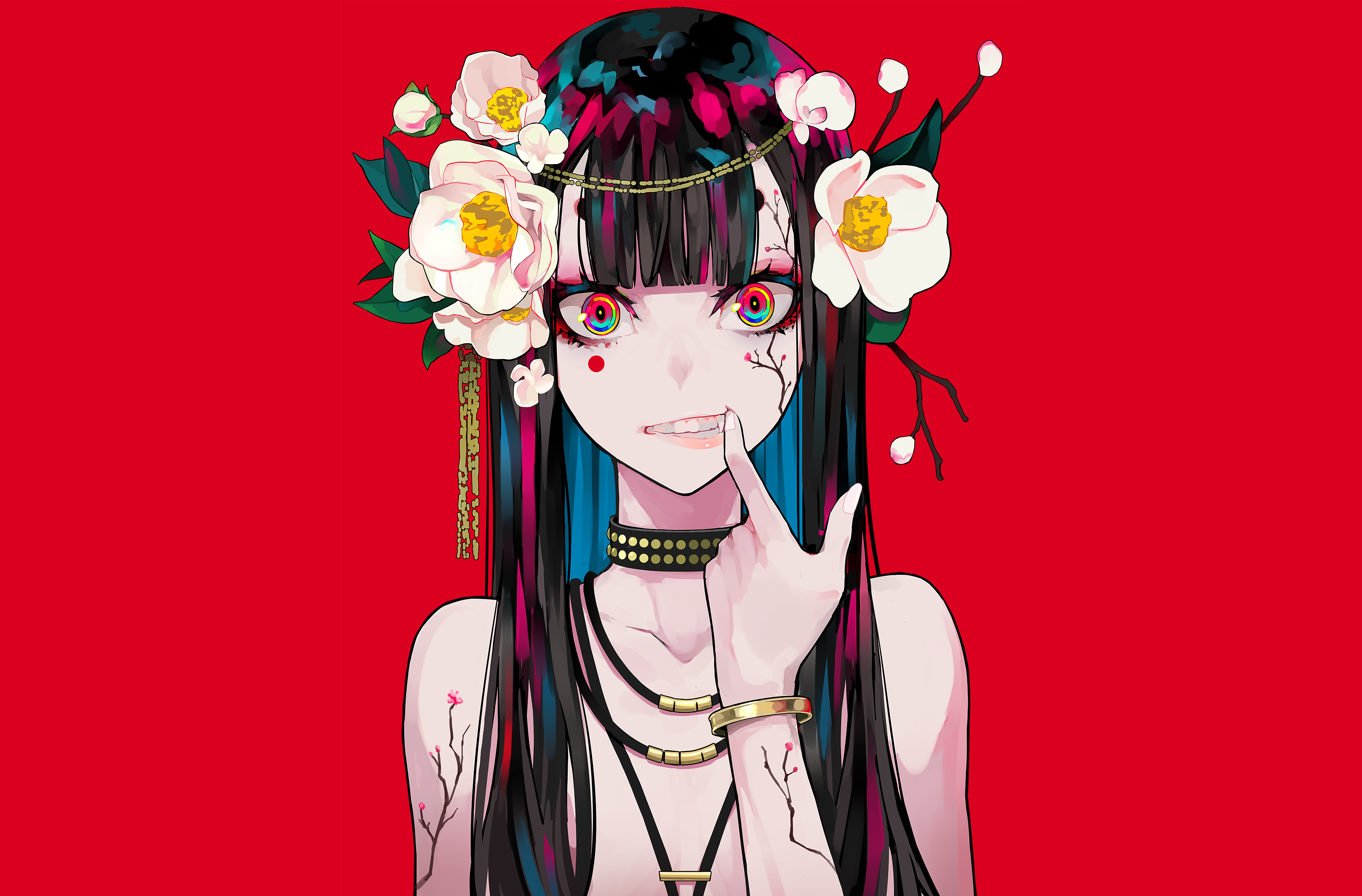 Girl with flowers in hair and tattoos HD Wallpaper
