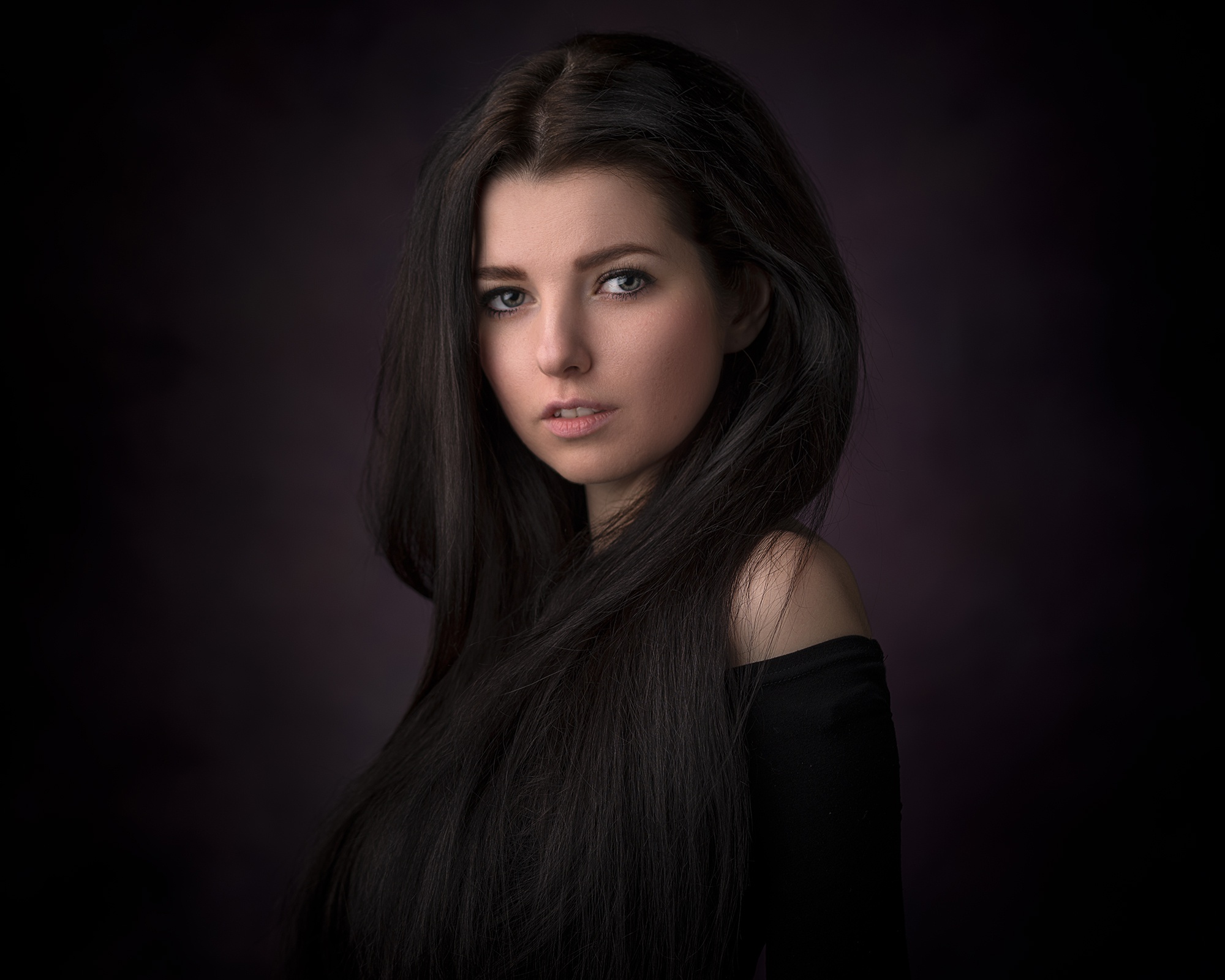 Woman with long black hair and blue eyes HD Wallpaper