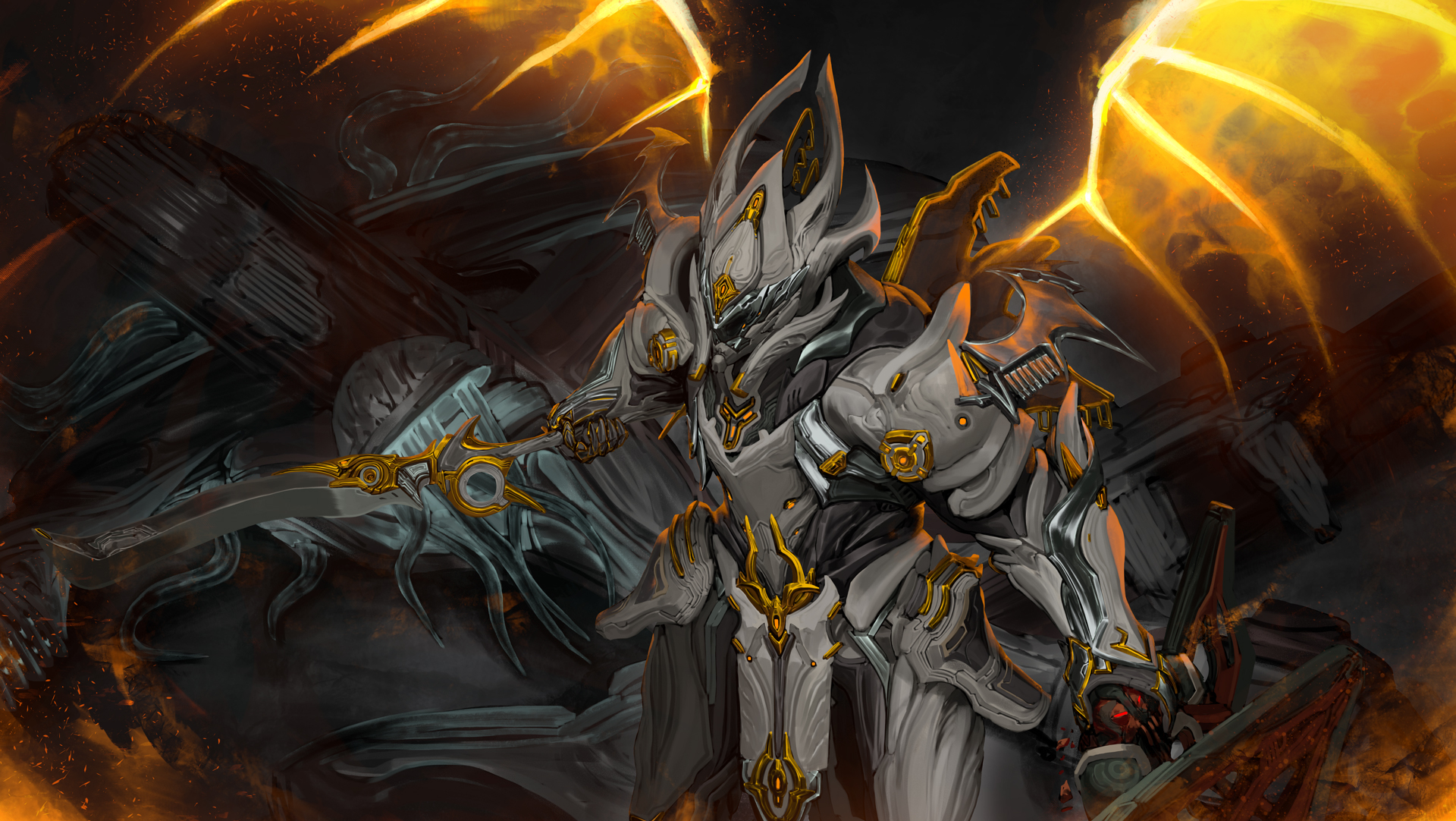 Chroma from Warframe with fiery wings HD Wallpaper
