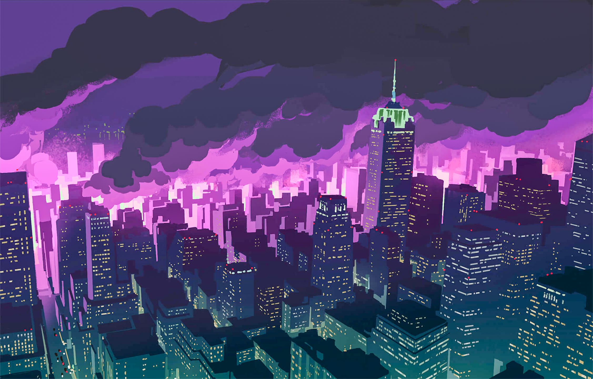 Cityscape at Night with Purple Clouds HD Wallpaper