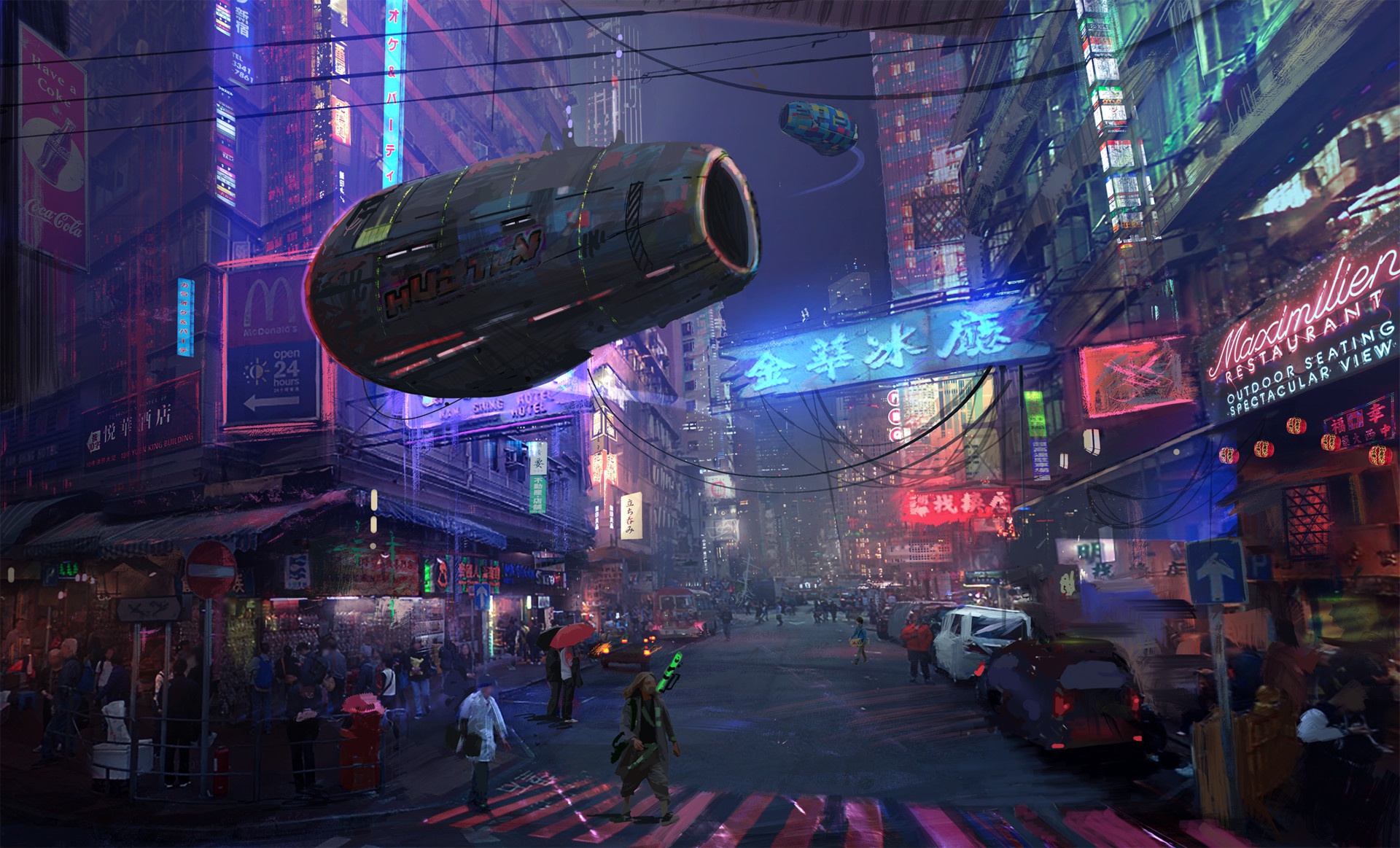 Cyberpunk City Street at Night with Flying Vehicles HD Wallpaper