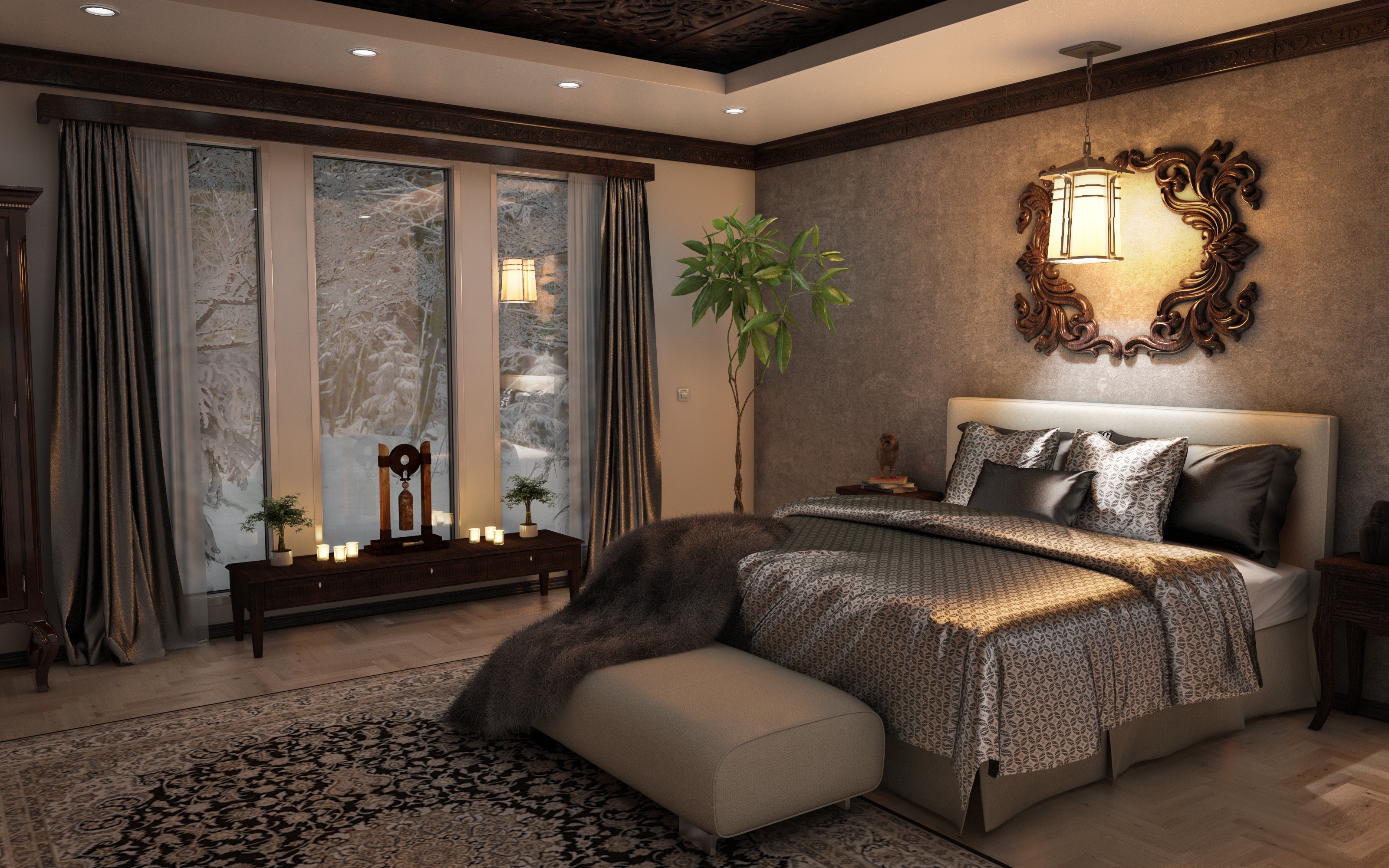 Bedroom with a bed, windows, and ornate mirror HD Wallpaper