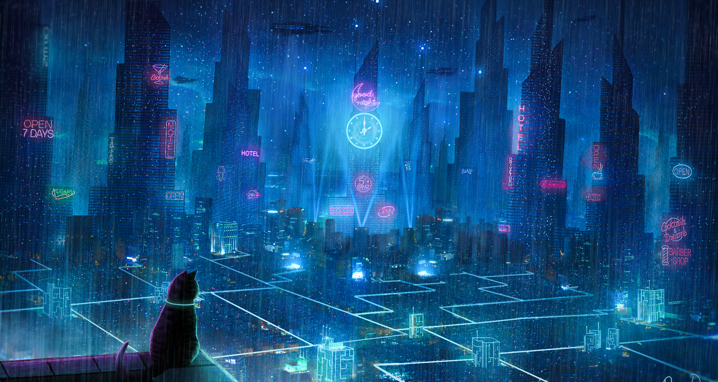 Cat in a futuristic rainy city at night HD Wallpaper