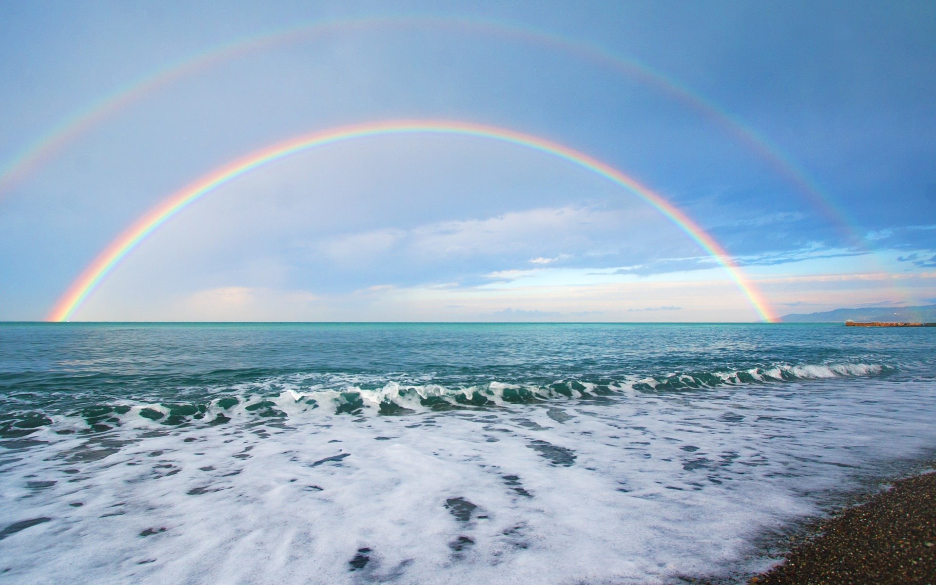 Double rainbow over the ocean and beach HD Wallpaper