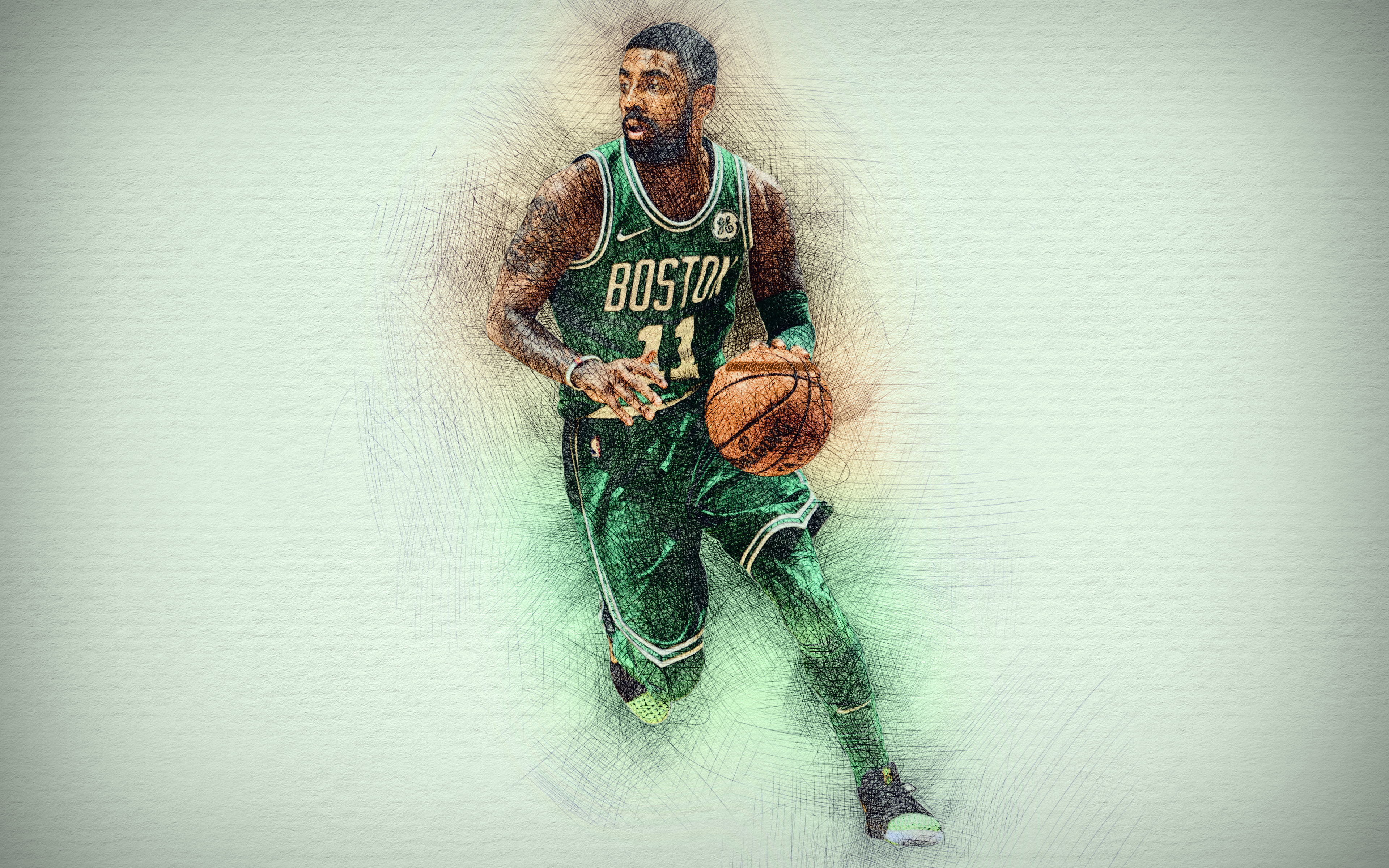 Kyrie Irving from Boston Celtics dribbling a basketball HD Wallpaper
