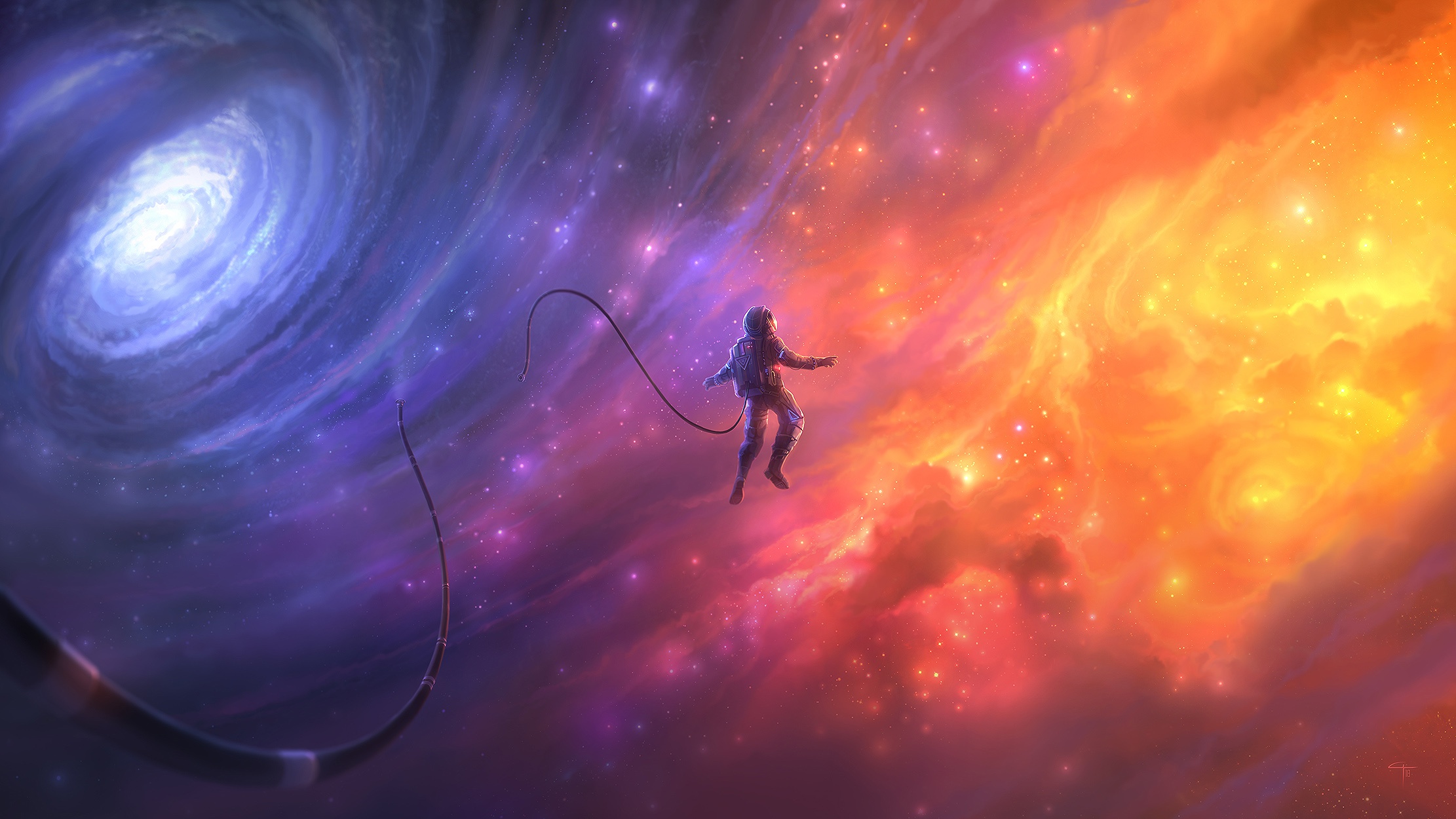 Astronaut floating in colorful nebula near a galaxy HD Wallpaper