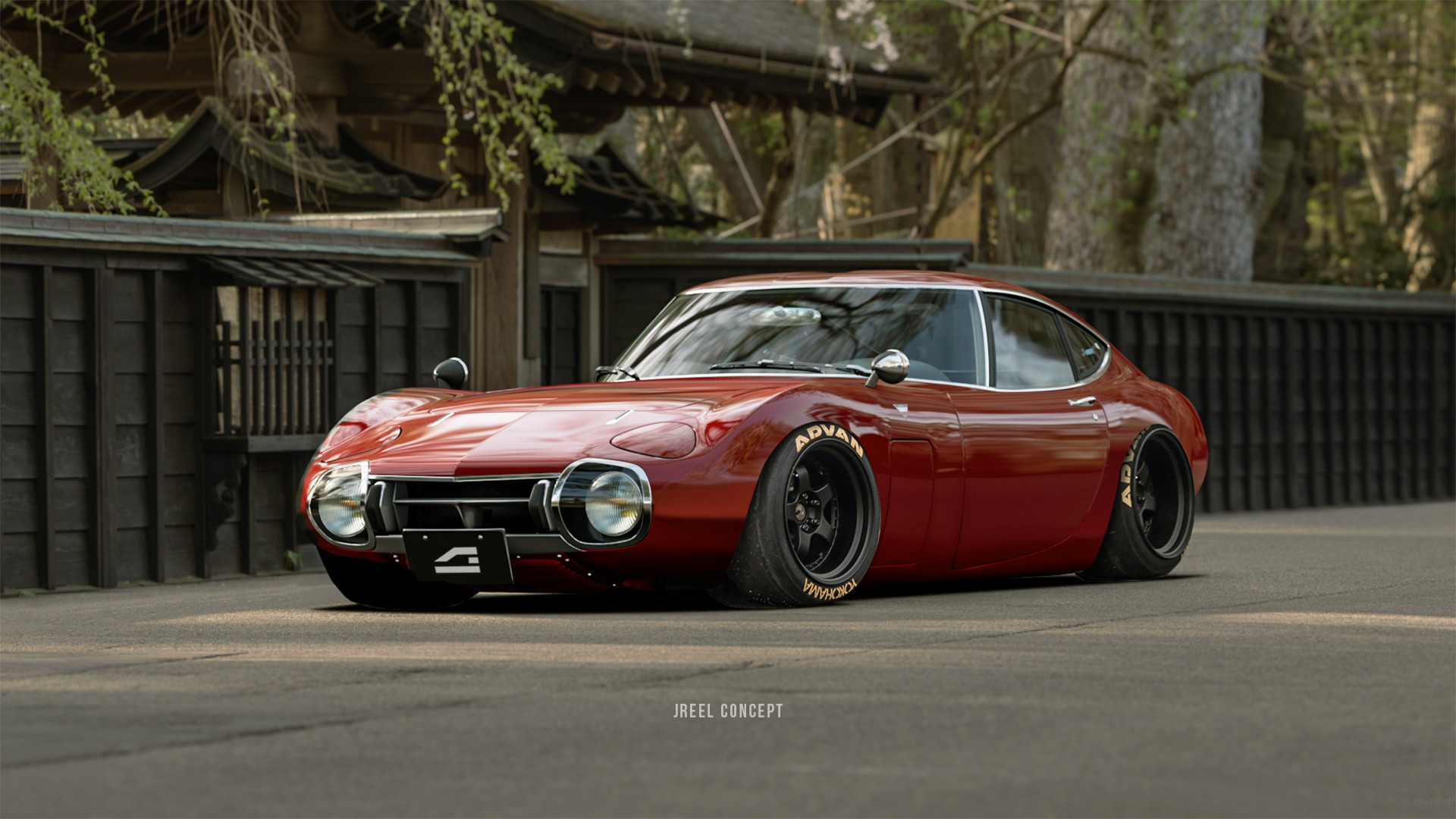 Red Toyota 2000GT with custom wheels HD Wallpaper