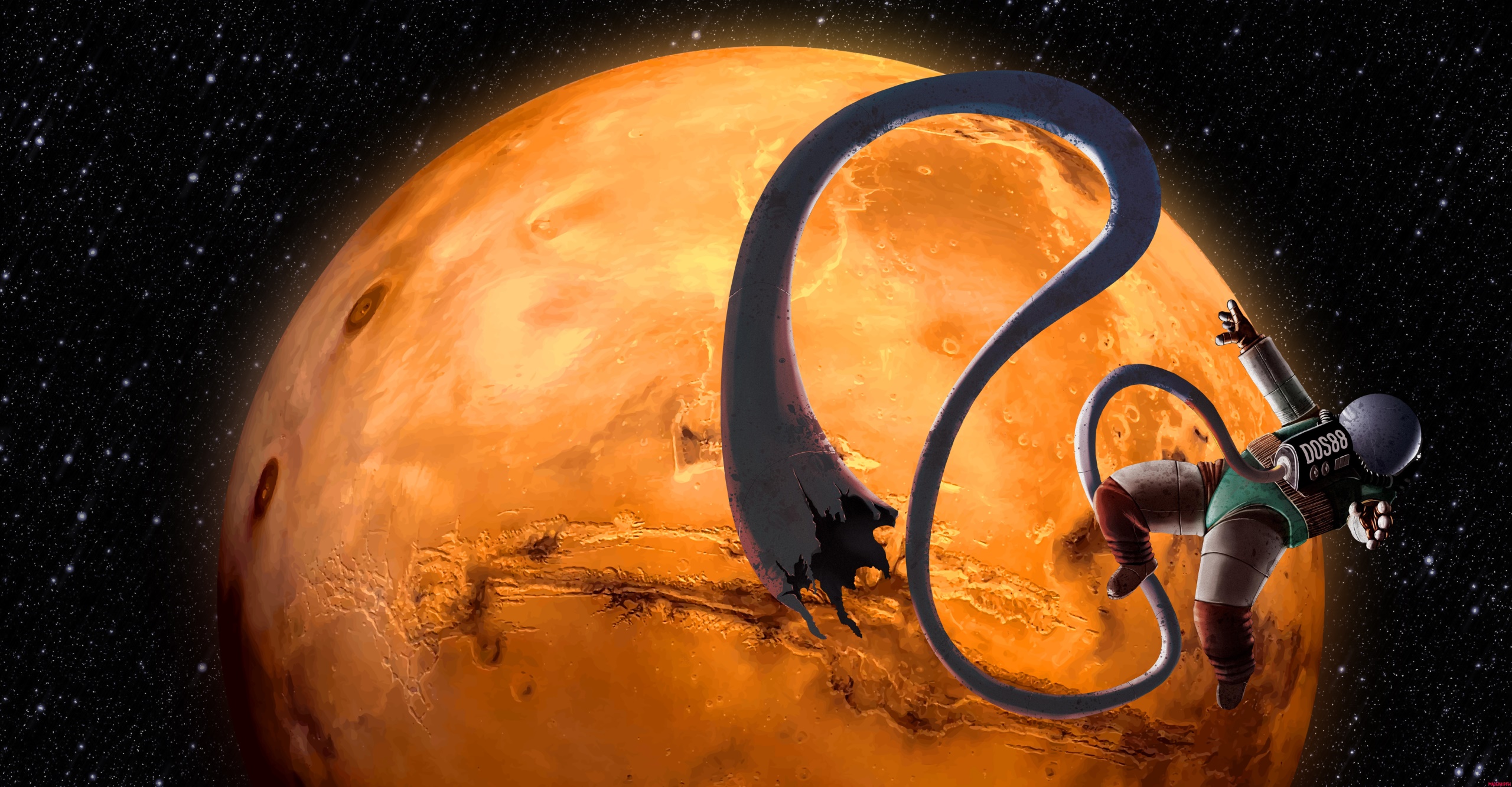 Astronaut floating near Mars with a strange blue entity HD Wallpaper