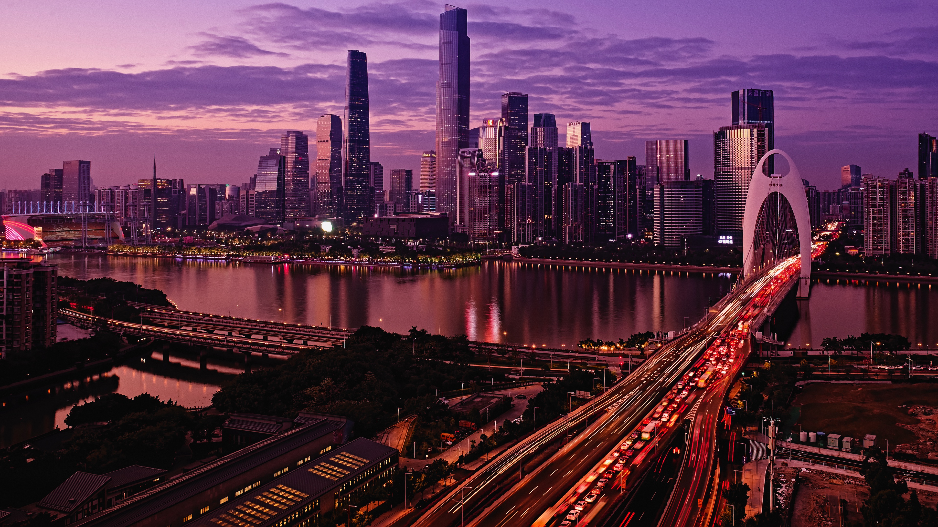 Guangzhou city skyline and bridge at night HD Wallpaper