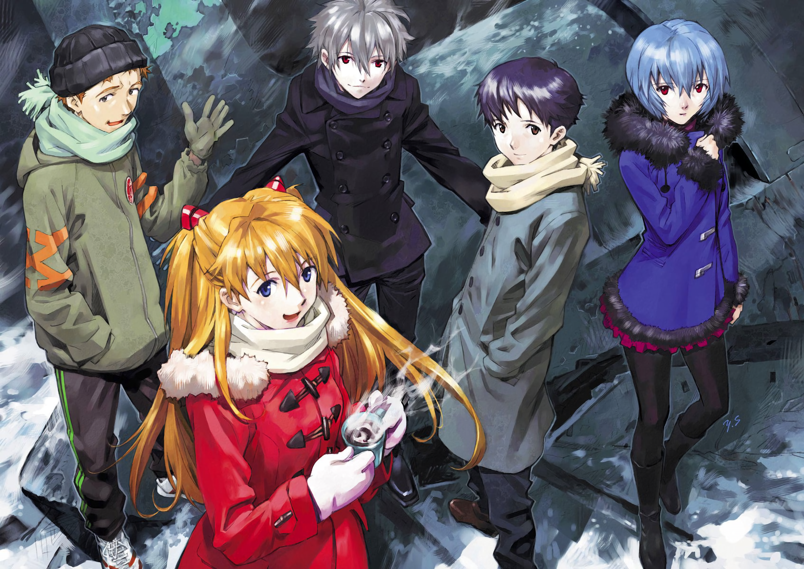 Shinji Ikari, Rei Ayanami, Asuka Langley, Kaworu Nagisa, and Toji Suzuhara from Neon Genesis Evangelion HD Wallpaper