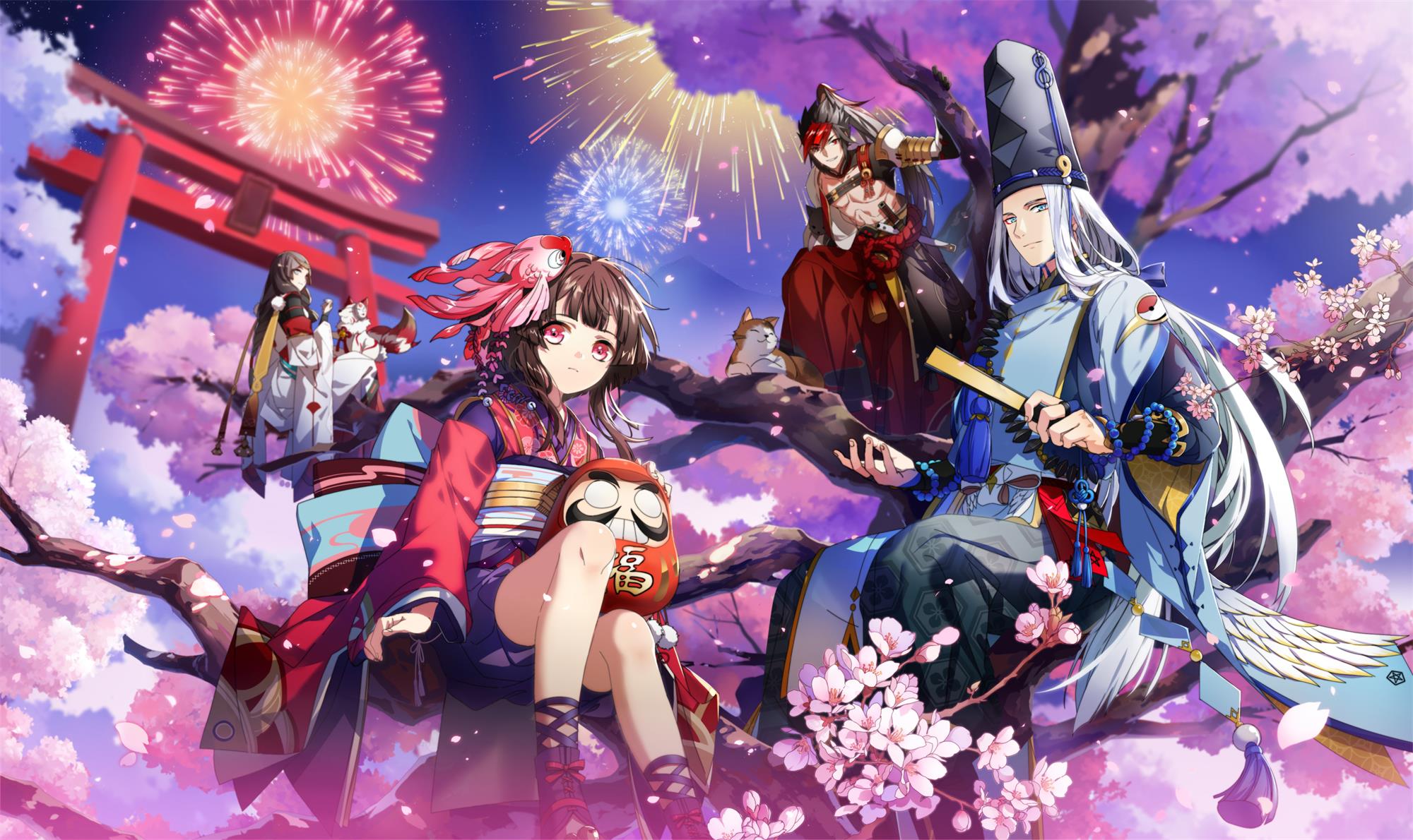 Elegant Onmyouji Characters Under Cherry Blossoms HD Wallpaper