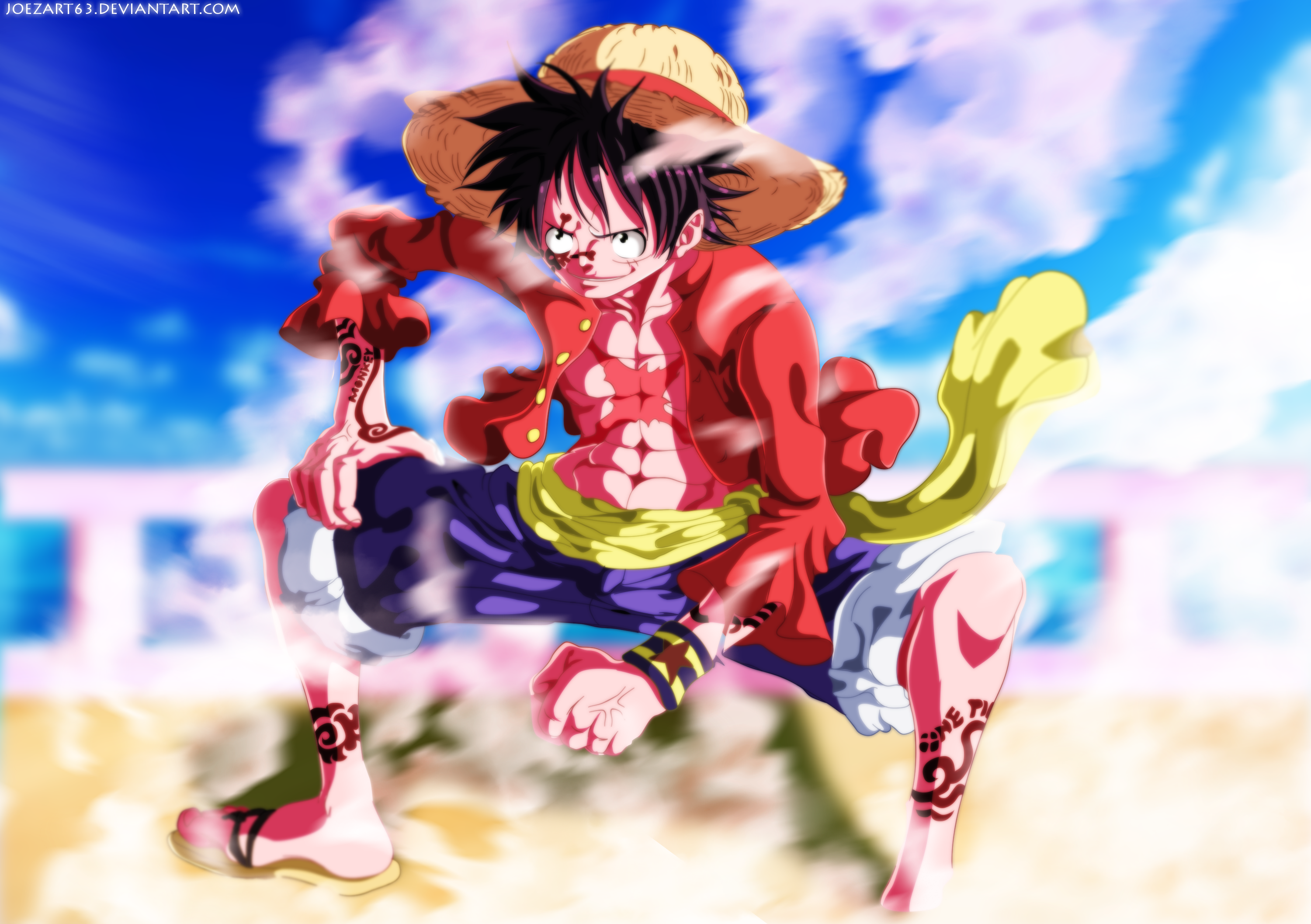 Monkey D. Luffy in Action Pose with Bright Sky HD Wallpaper