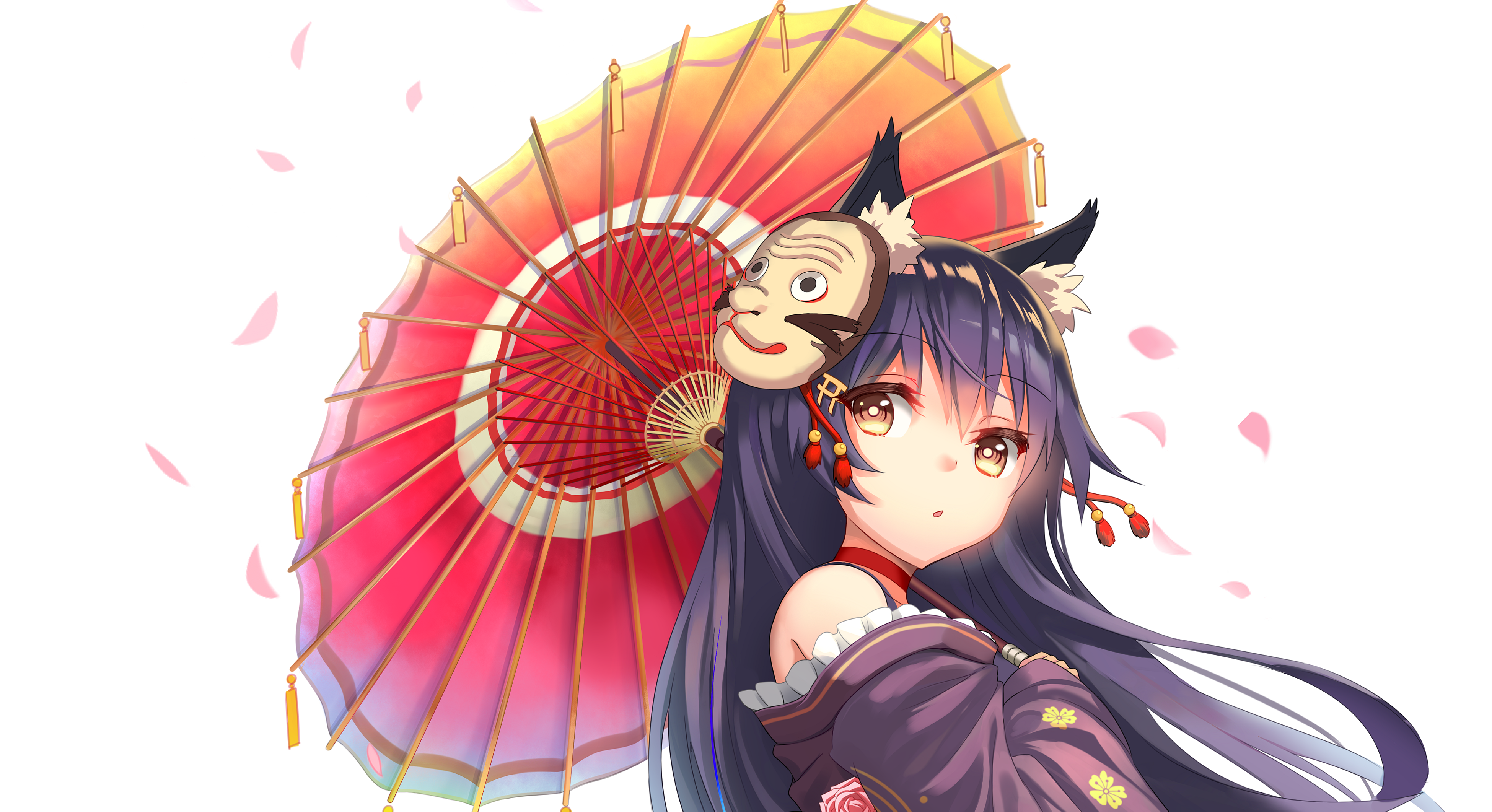 Anime girl with fox ears holding a Japanese umbrella HD Wallpaper
