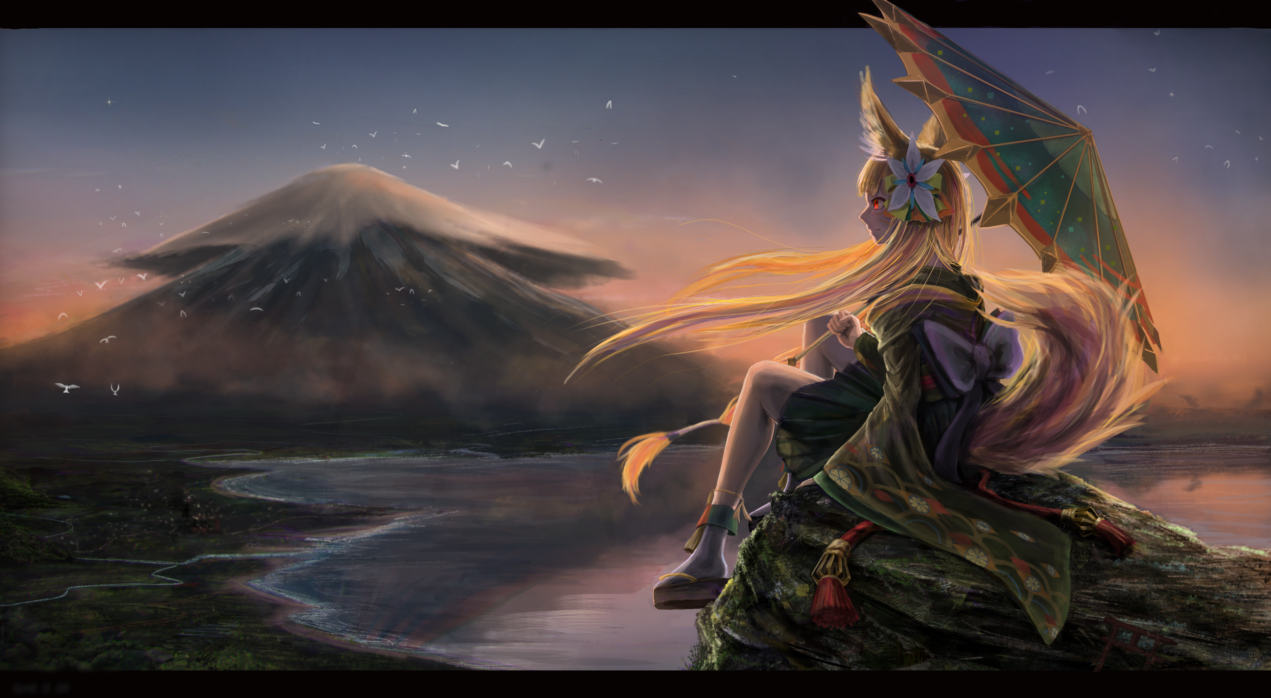 Kitsune girl with umbrella overlooking Mount Fuji at sunset HD Wallpaper