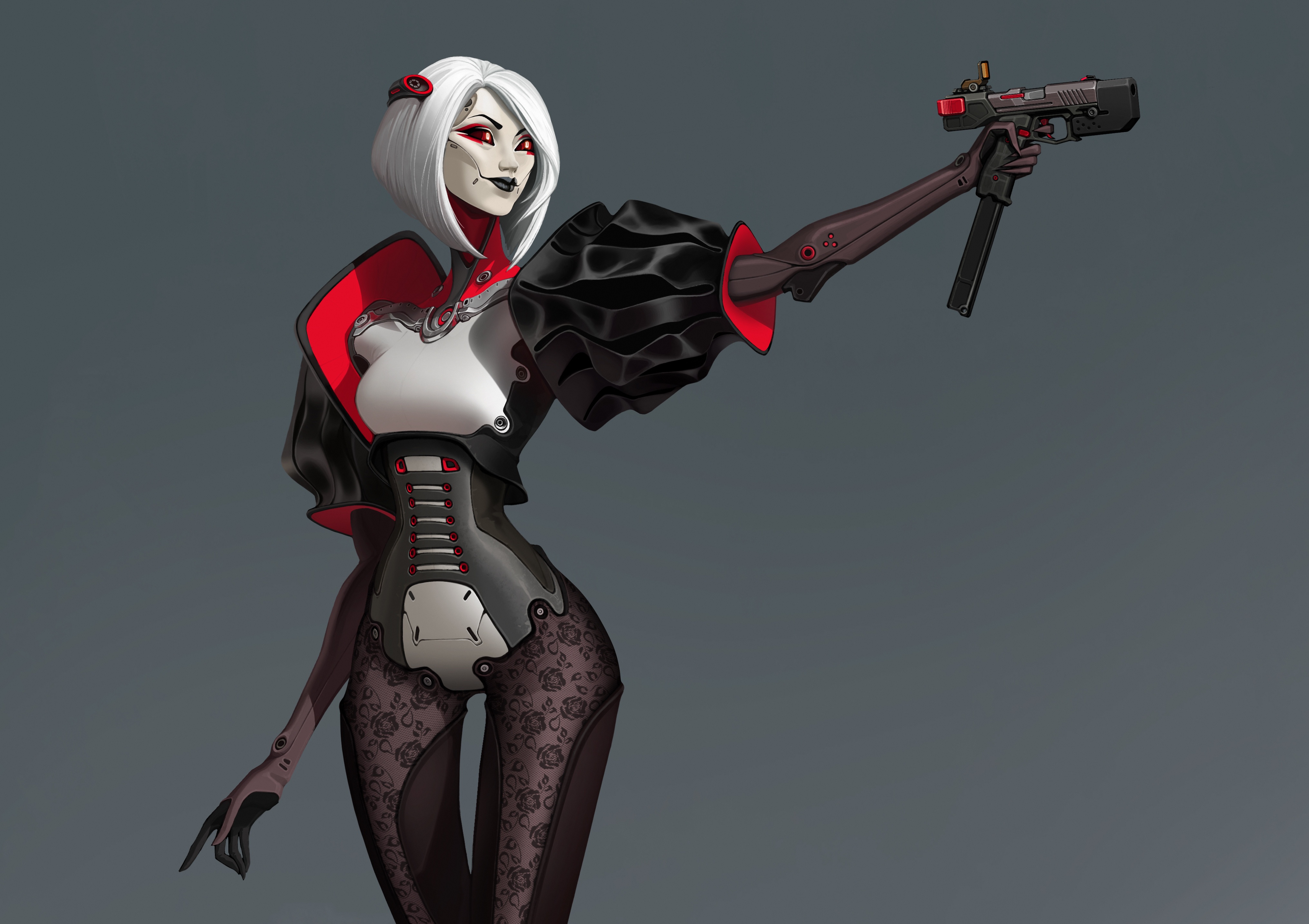 Cyborg woman with white hair holding a gun HD Wallpaper