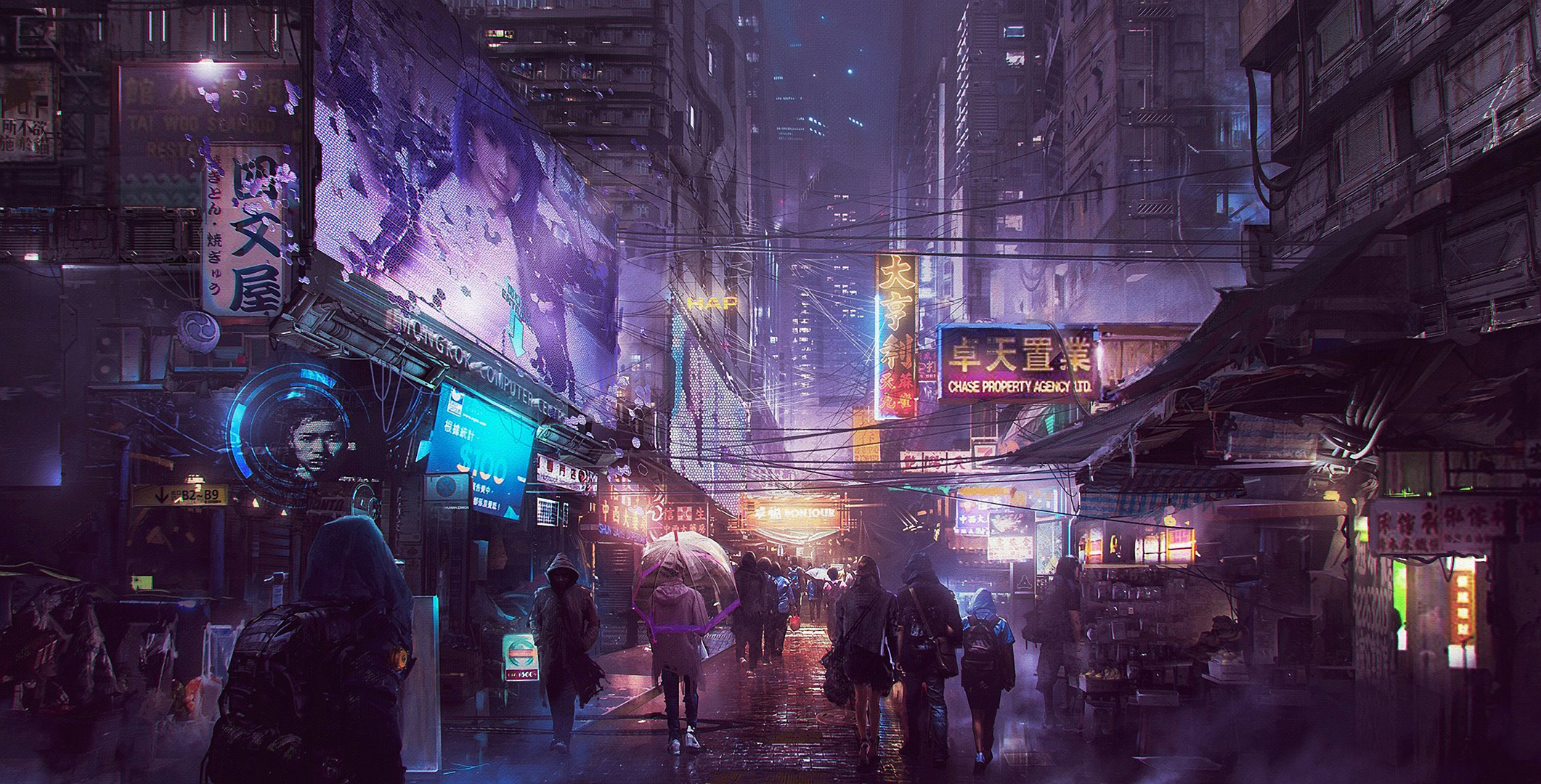 Cyberpunk Cityscape with Neon Signs and Pedestrians HD Wallpaper