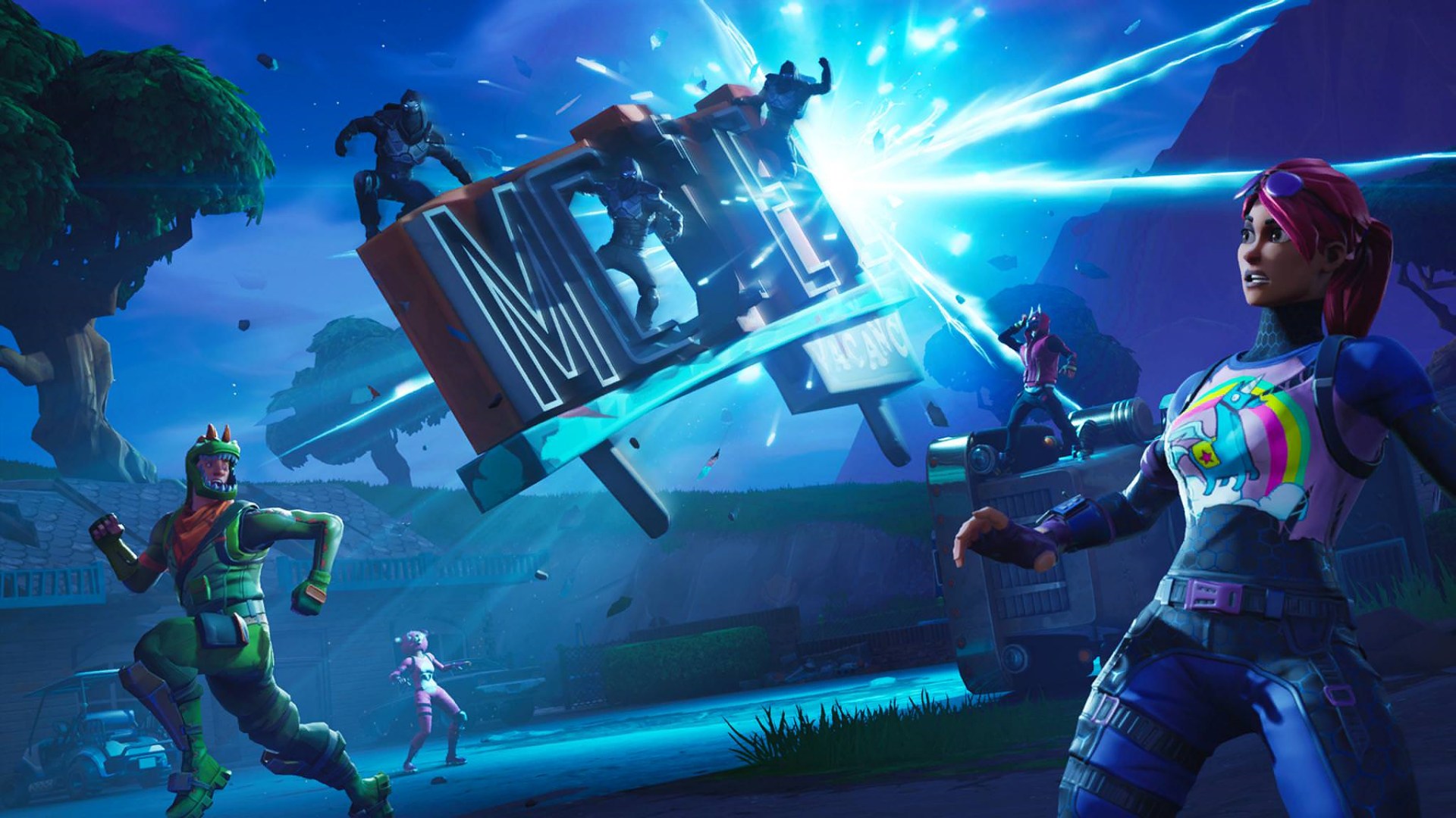 Fortnite Battle Royale characters in a chaotic scene HD Wallpaper