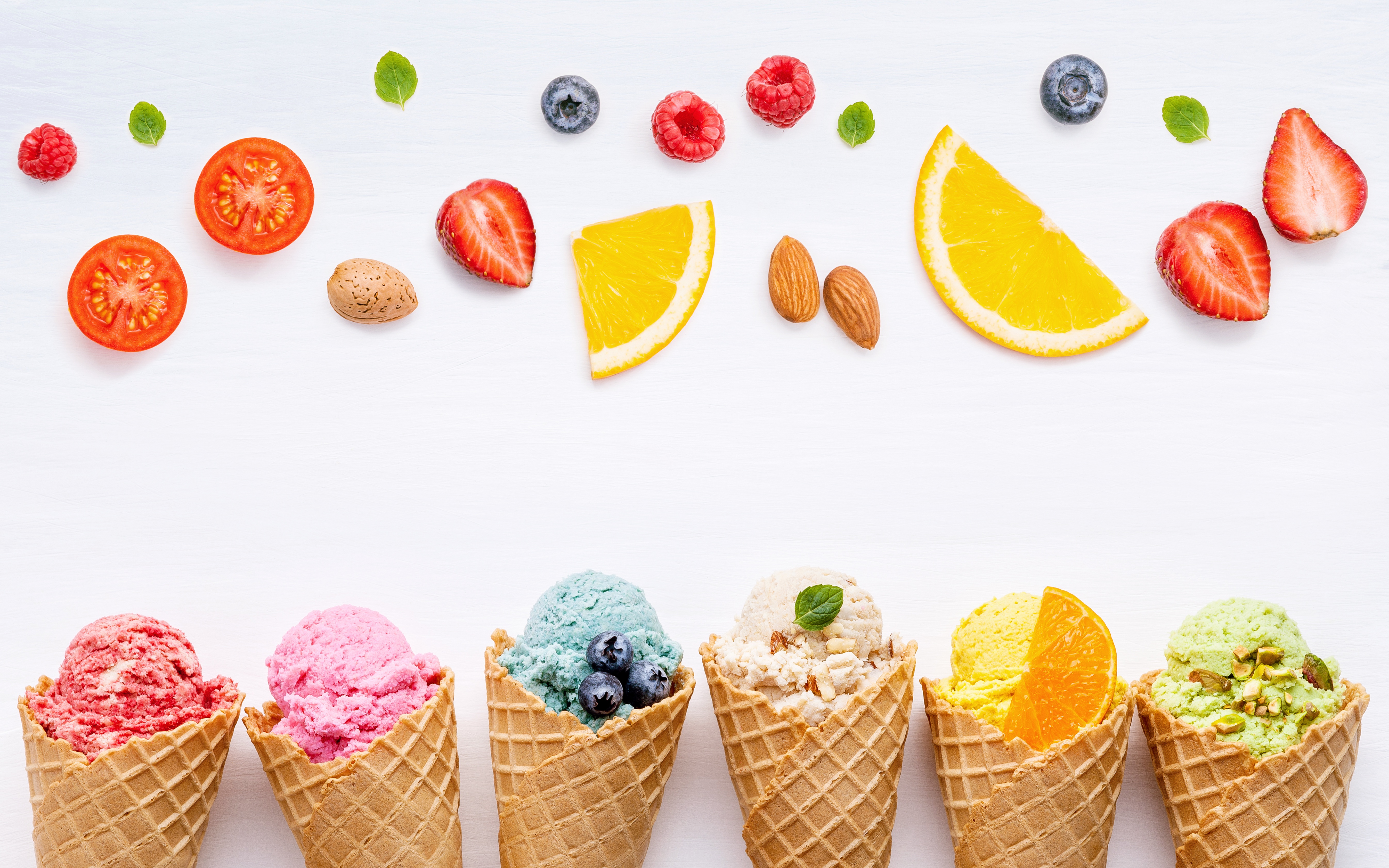 Ice cream cones with fruits and nuts HD Wallpaper