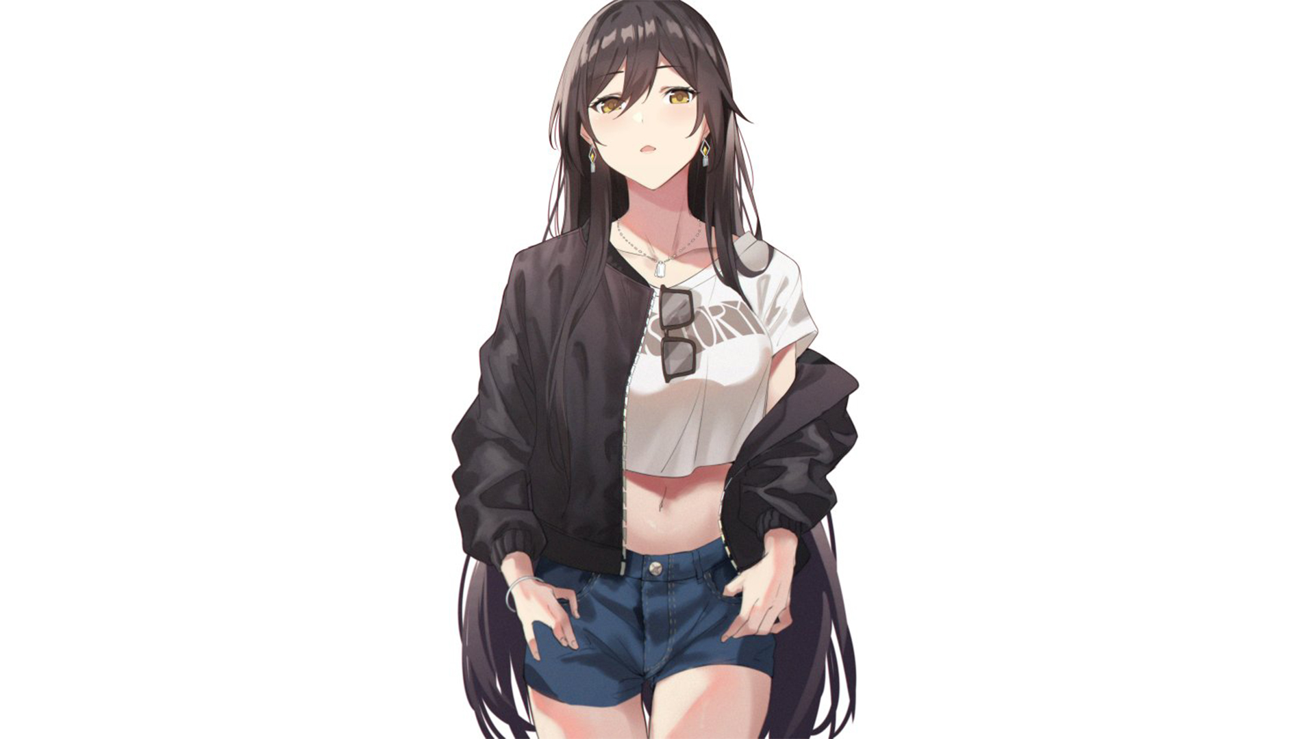 Anime girl with long dark hair and denim shorts HD Wallpaper
