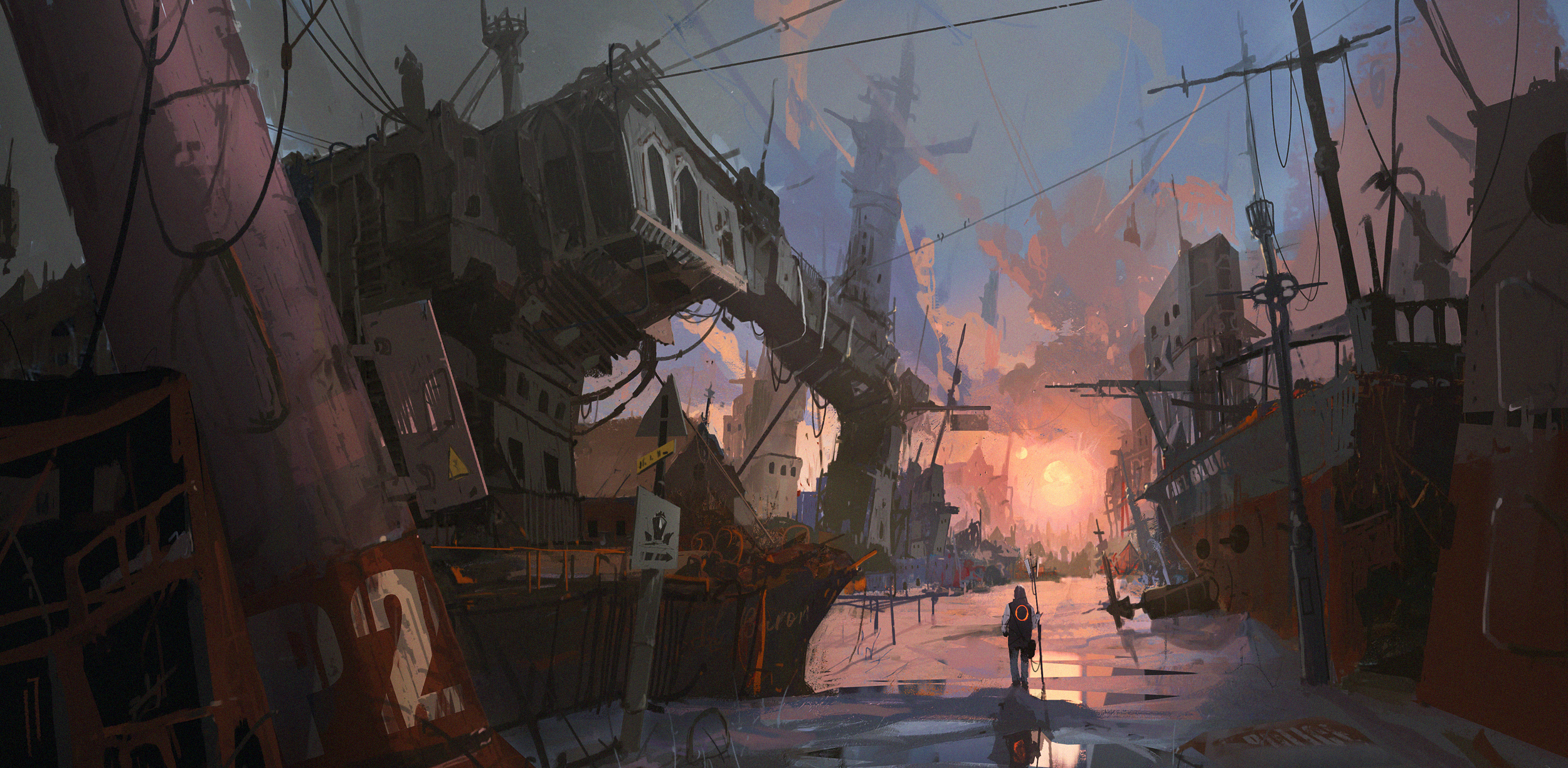 Post-apocalyptic city with a lone figure HD Wallpaper