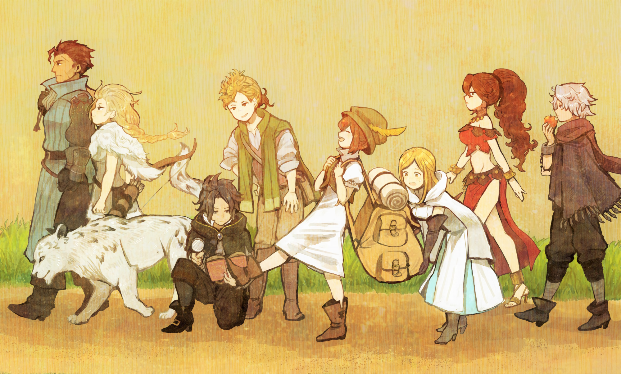 Octopath Traveler characters and wolf walking HD Wallpaper